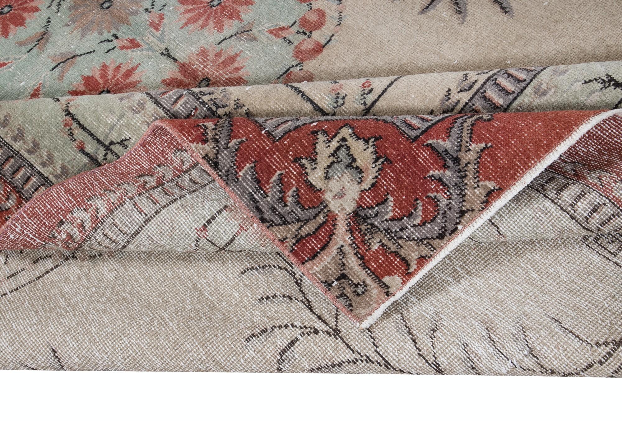 Industrial 6.2x9.6 Ft European Design Handmade Rug. Vintage Deco Carpet, Beige, Red & Green For Sale