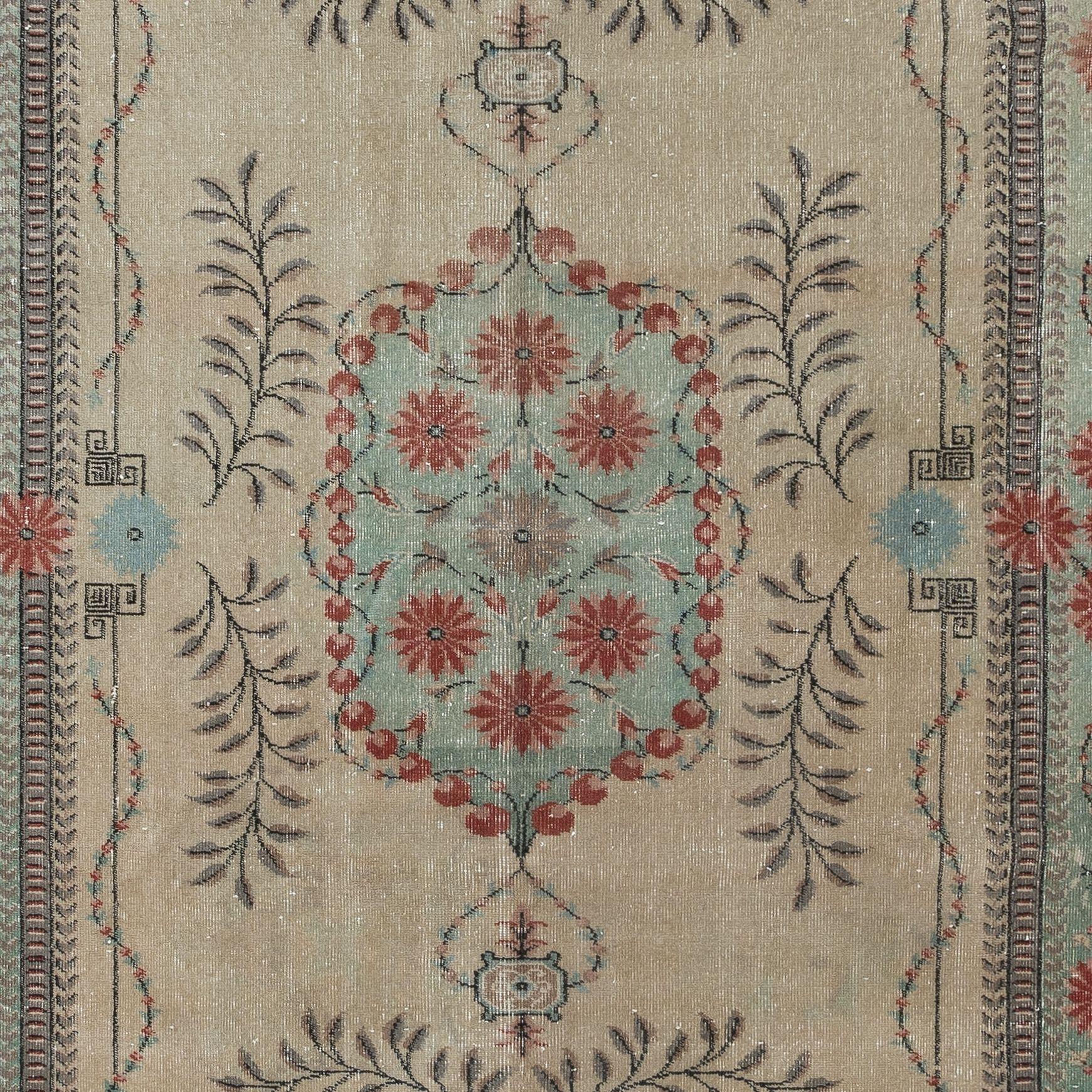 Hand-Knotted 6.2x9.6 Ft European Design Handmade Rug. Vintage Deco Carpet, Beige, Red & Green For Sale