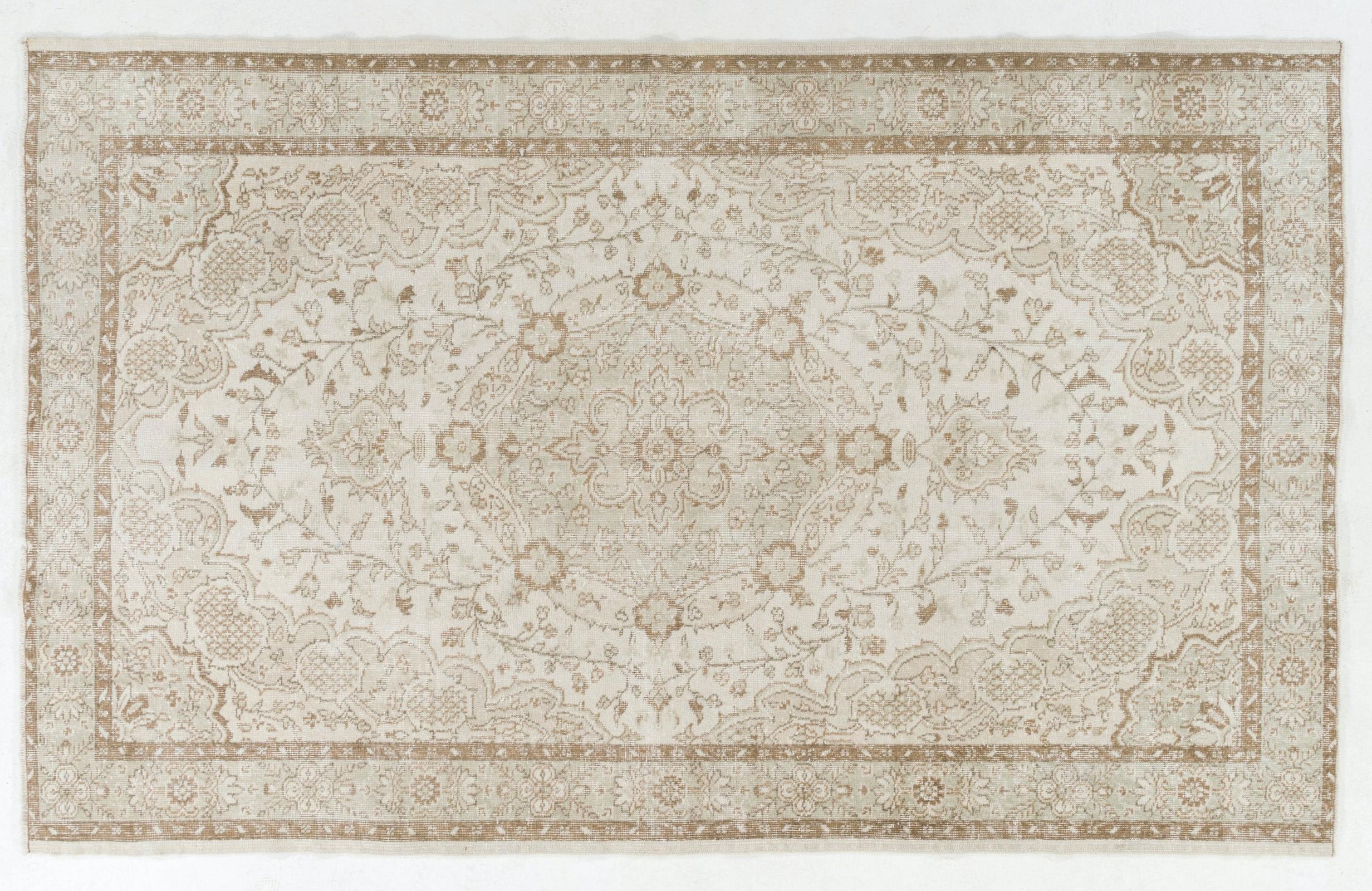 Cotton 6.2x9.7 Ft Vintage Hand-Knotted Turkish Oushak Wool Area Rug in Neutral Colors For Sale