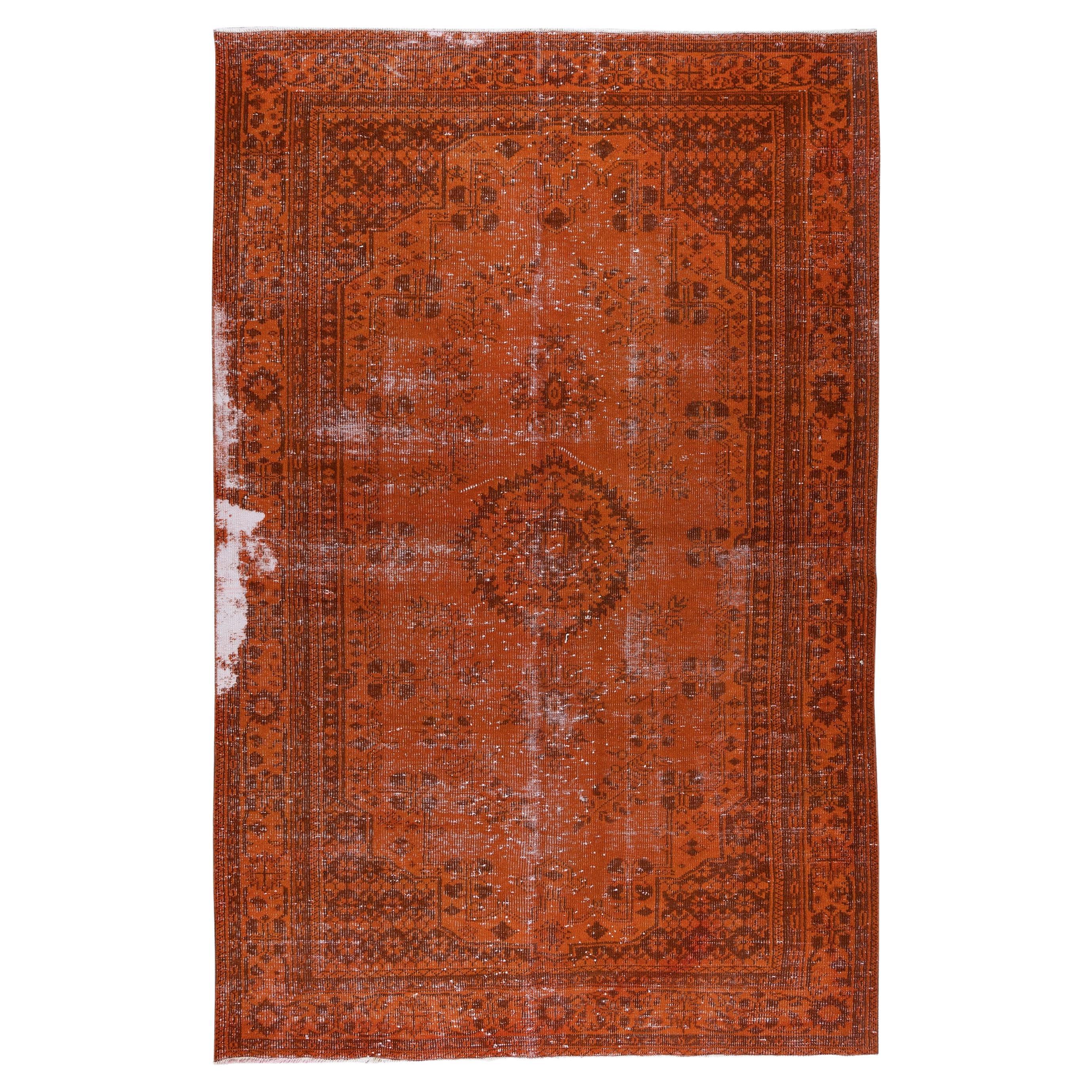 6.2x9.8 Ft Orange Vintage Handmade Turkish Wool Rug, Distressed Modern Carpet For Sale