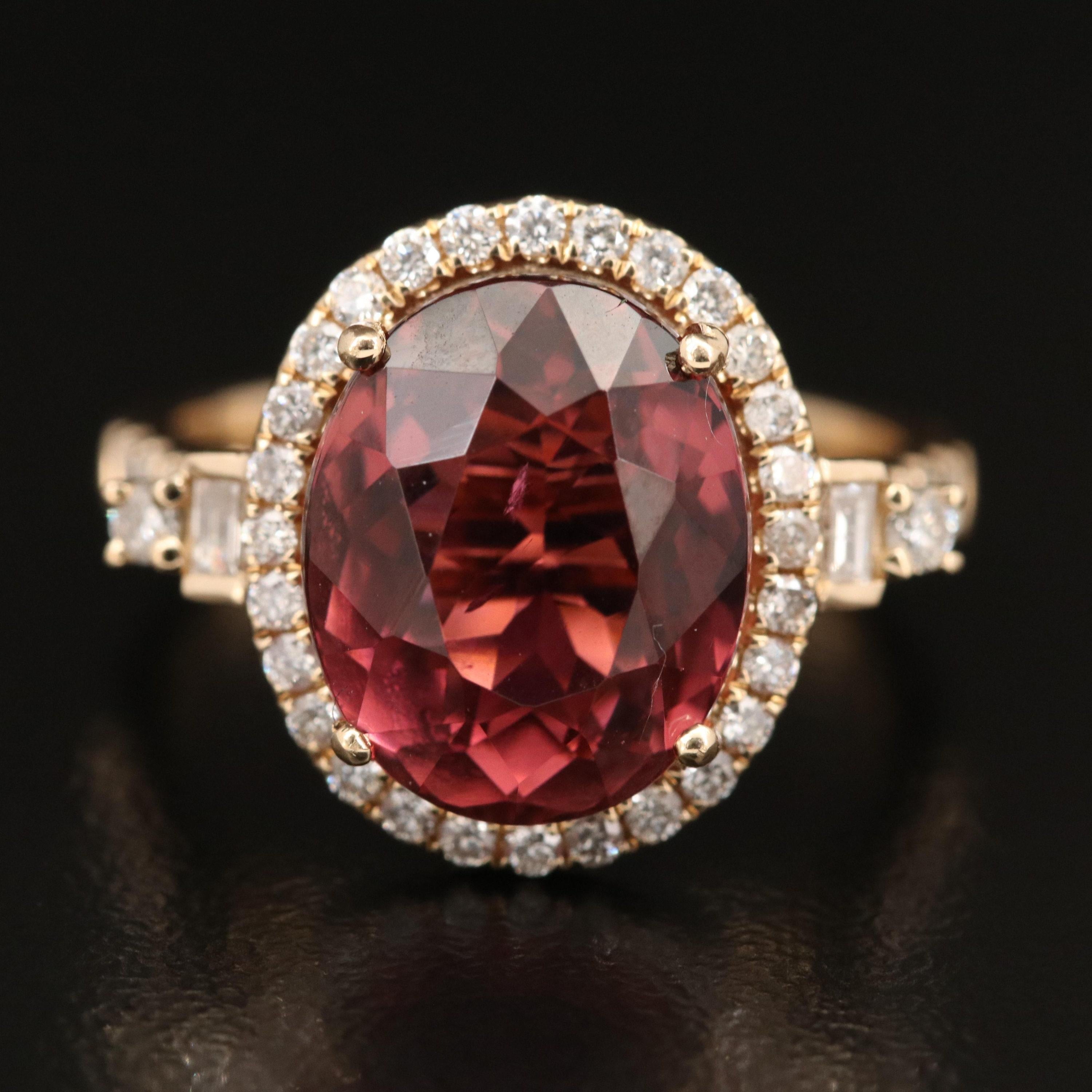 For Sale:  6.3 Carat Oval Cut Rubellite Tourmaline Bridal Promise Ring Halo Tourmaline Ring 6