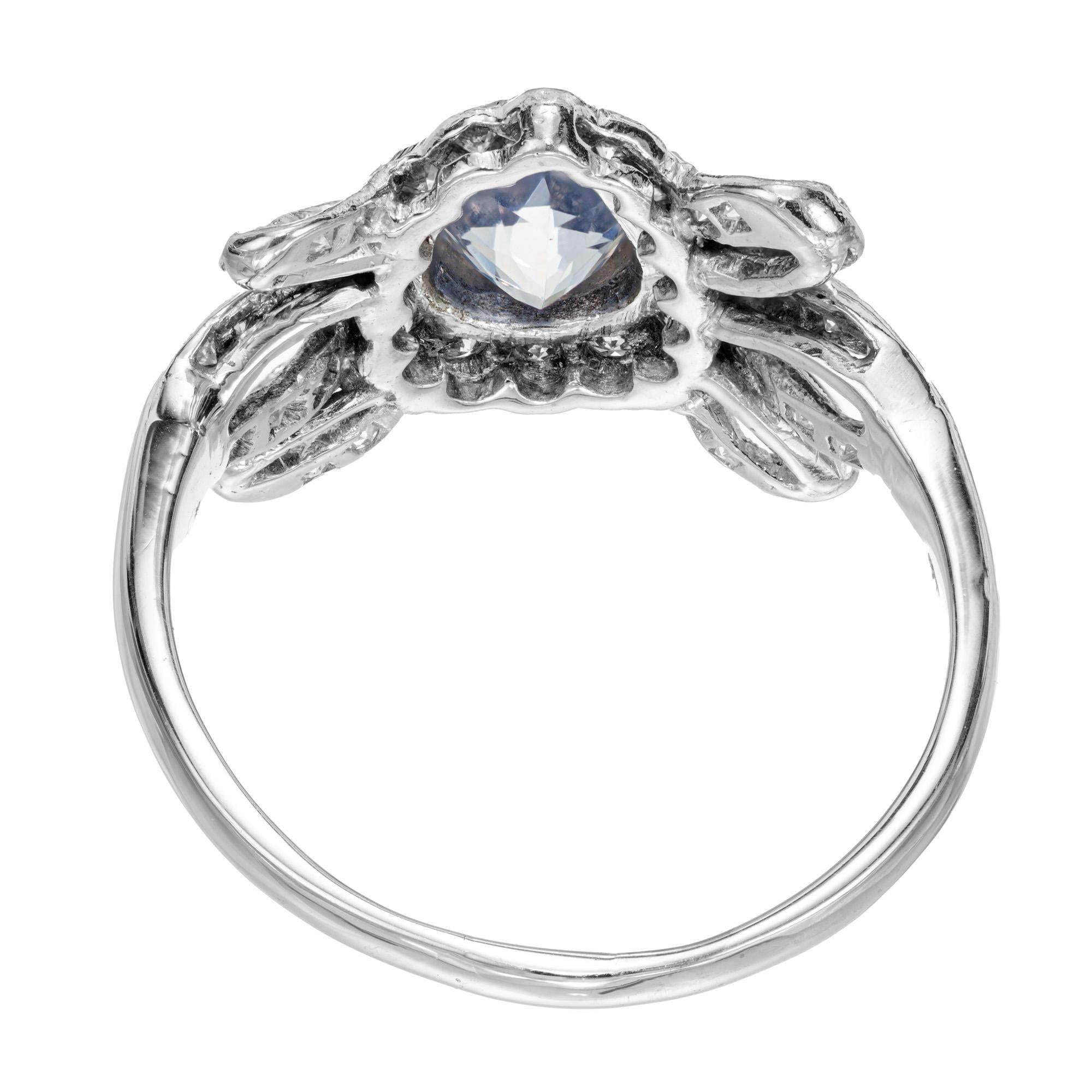 .63 Carat Periwinkle Blue Sapphire Platinum Bow Art Deco Ring In Good Condition For Sale In Stamford, CT
