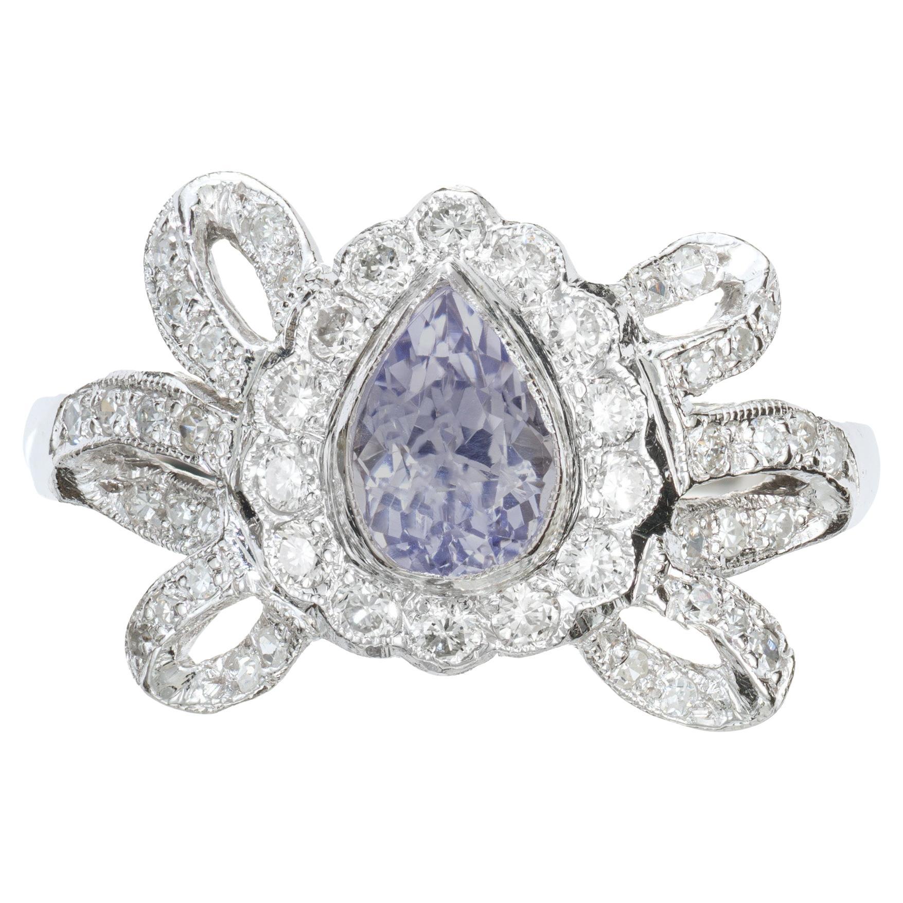 .63 Carat Periwinkle Blue Sapphire Platinum Bow Art Deco Ring For Sale