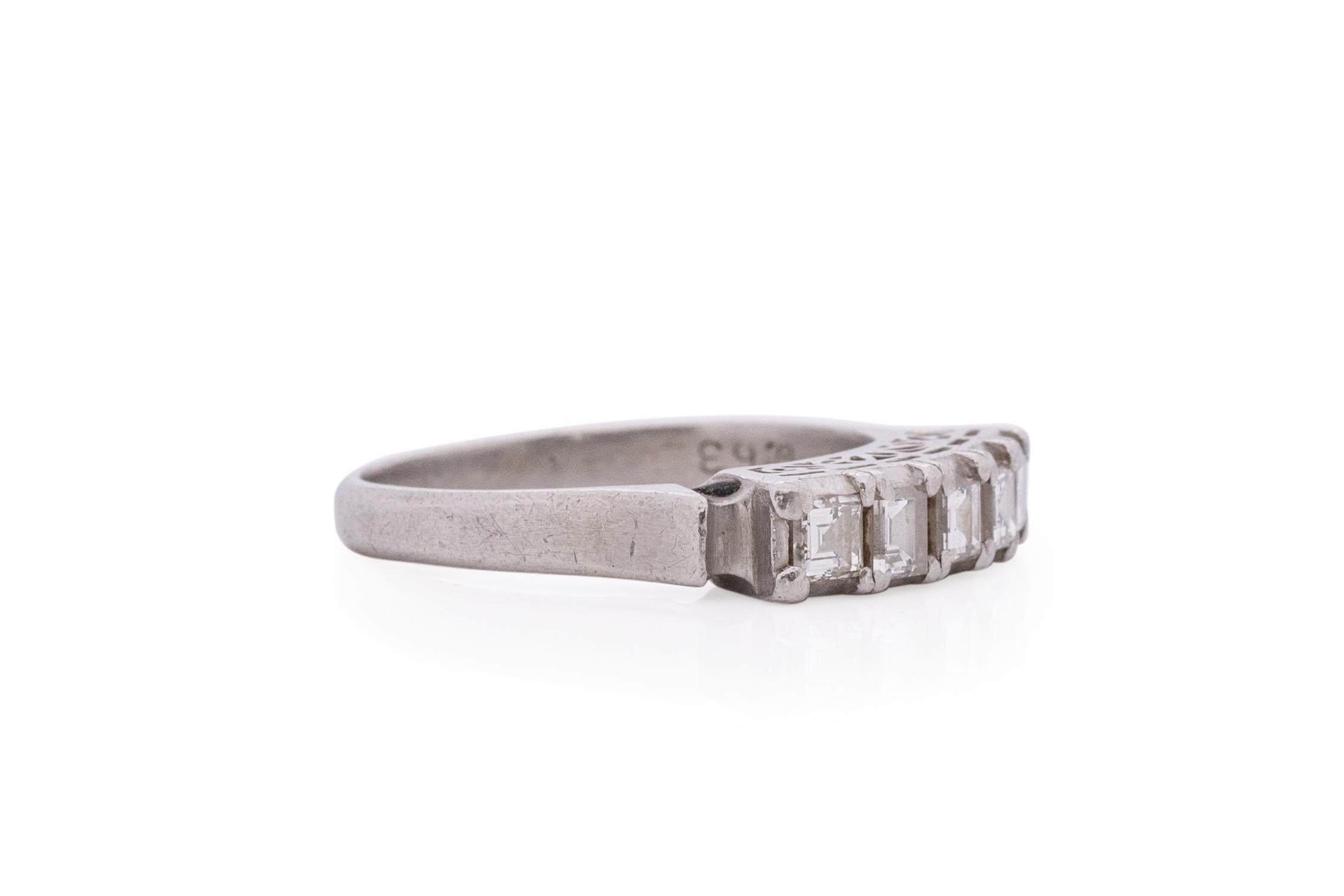 Item Details: 
Ring Size: 7
Metal Type: Platinum [Hallmarked, and Tested]
Weight: 3.5 grams

Diamond Details:
Weight: .63 carat total weight
Cut: Antique Carre Cut
Color: G
Clarity: VS

Finger to Top of Stone Measurement: 5.5mm
Condition: Excellent