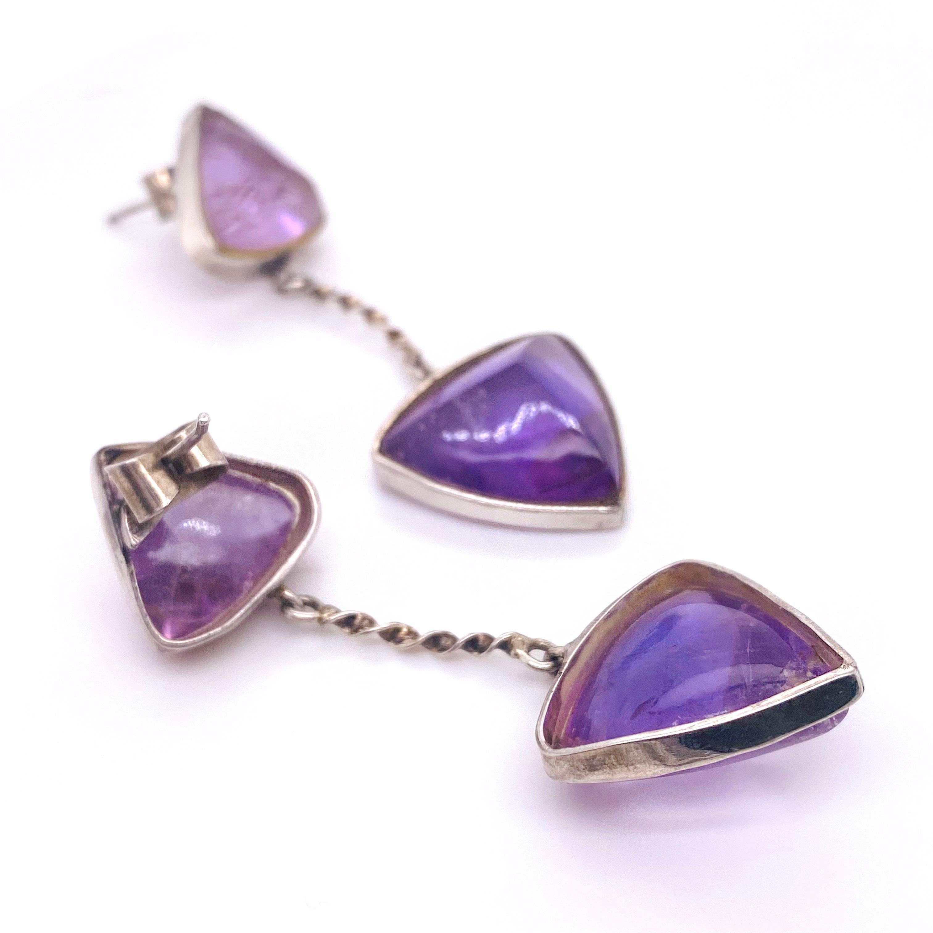 Contemporary 63 Carat Trillion Amethyst Dangle Earrings, Sterling Silver For Sale