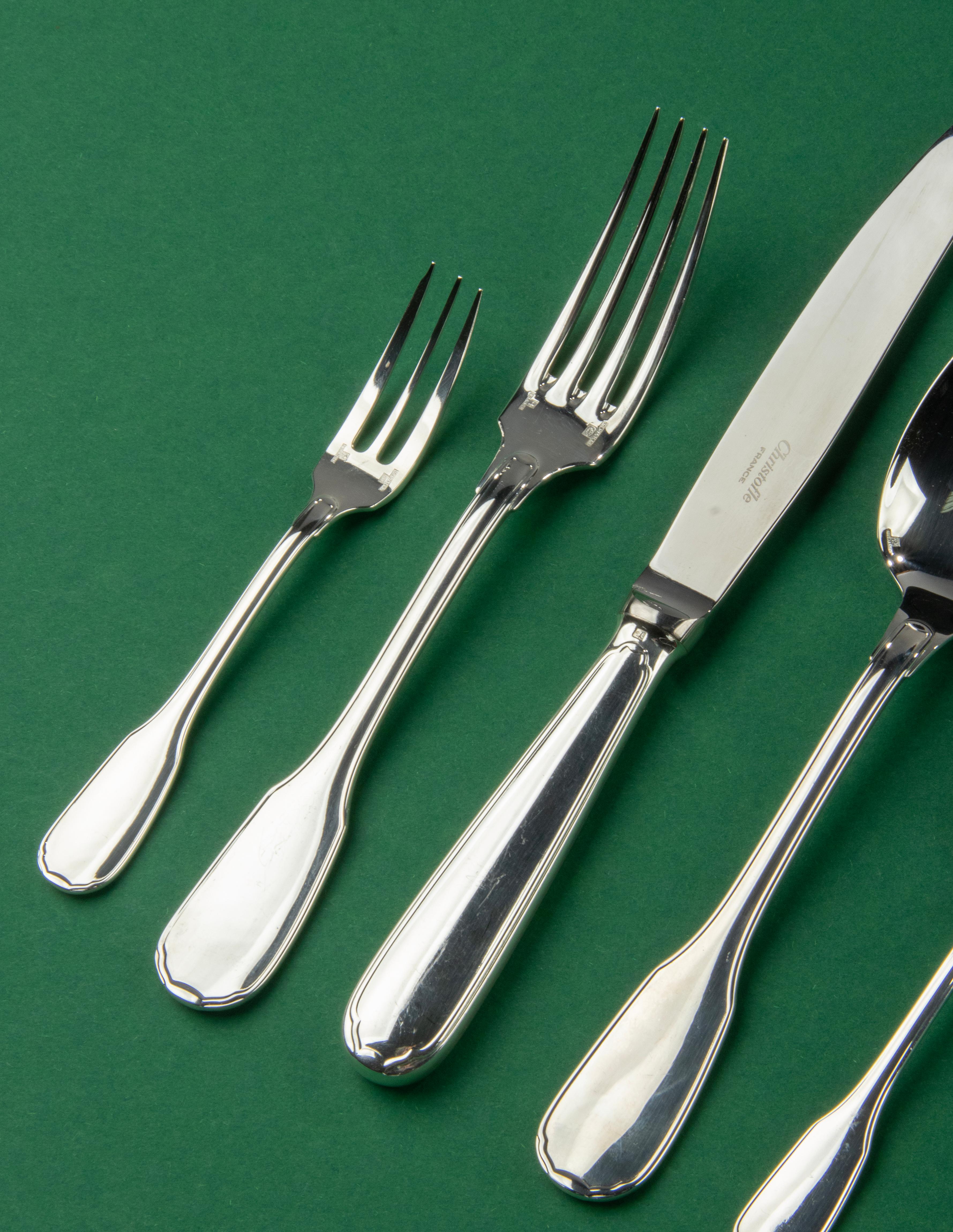 French 63-Piece Set Silver-Plated Flatware Made by Christofle, Model Versailles