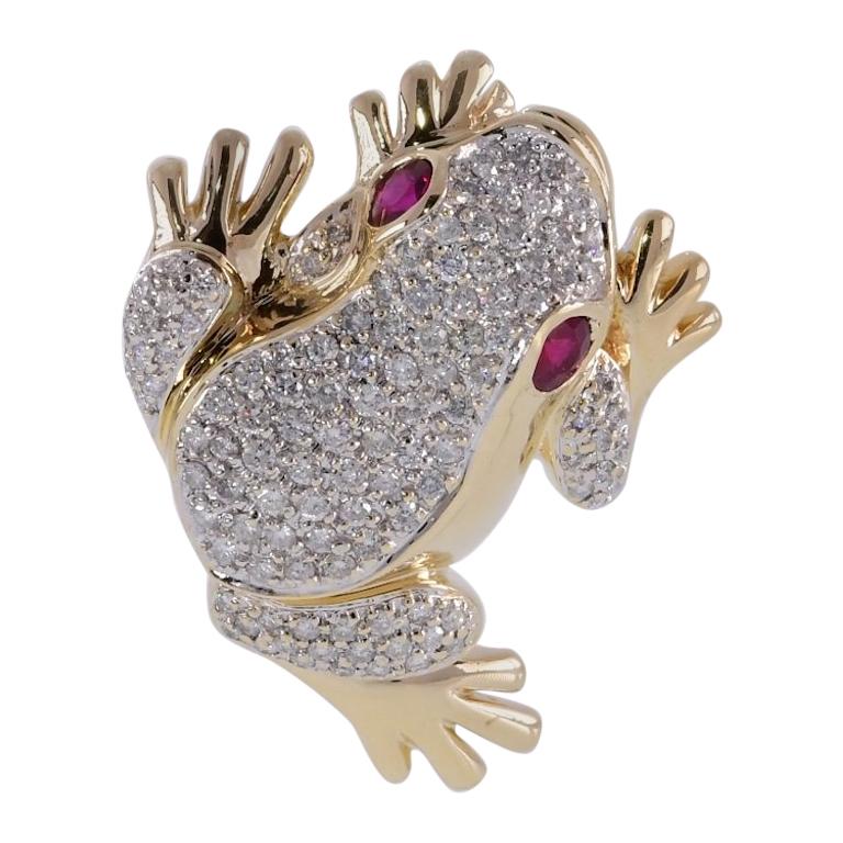 .63 TCW Ruby & 1.2 TCW Diamond Two Toned Yellow & White Gold 14k Frog Pin/Brooch