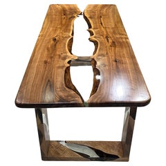 Walnut Wood Table With Clear Epoxy & Wooden Leg - Resin River Table