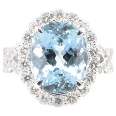 6.30 Carat Natural Aquamarine and Diamond Cocktail Ring Set in Platinum