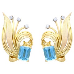 6.30 Carat Aquamarine and Diamond Yellow Gold Earrings Vintage, circa 1950