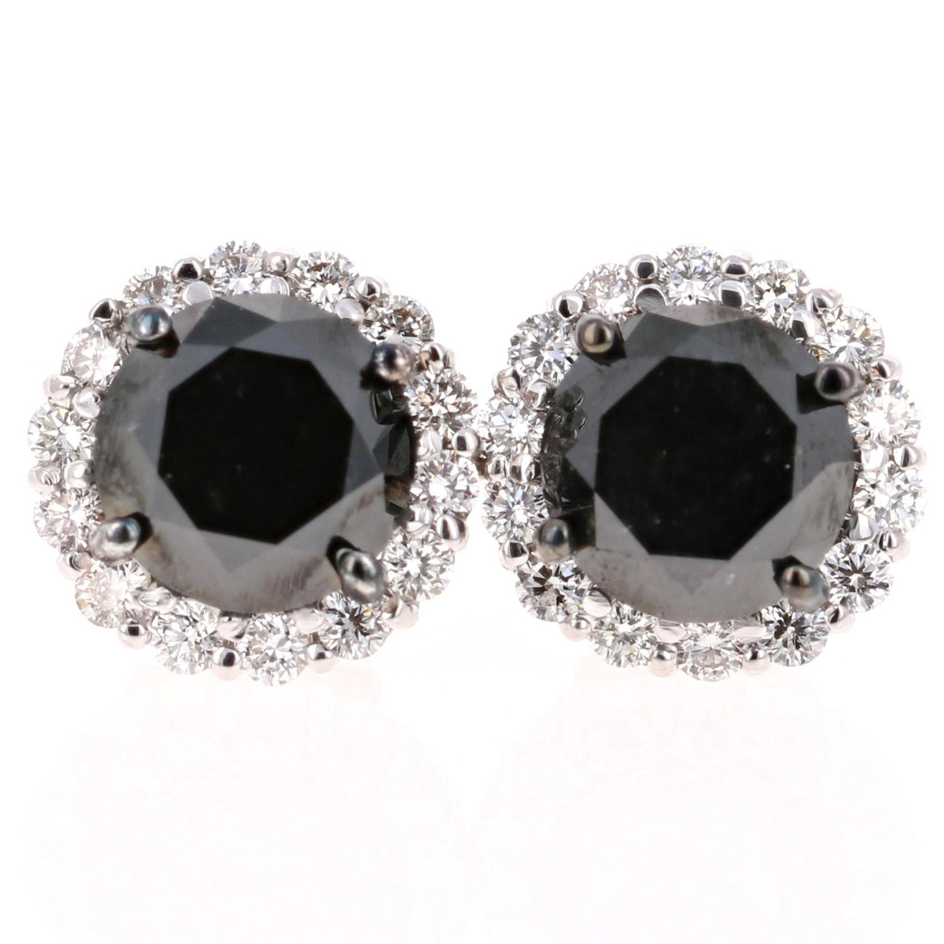 6.30 Carat Black Diamond Stud Earrings 14 Karat White Gold