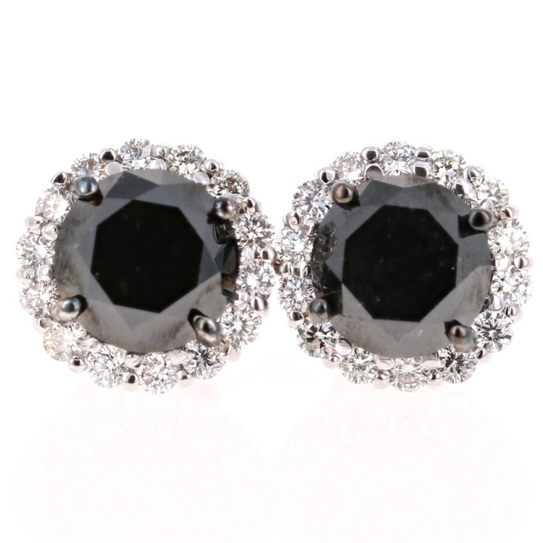 6.30 Carat Black Diamond Stud Earrings 14 Karat White Gold For Sale at 1stdibs