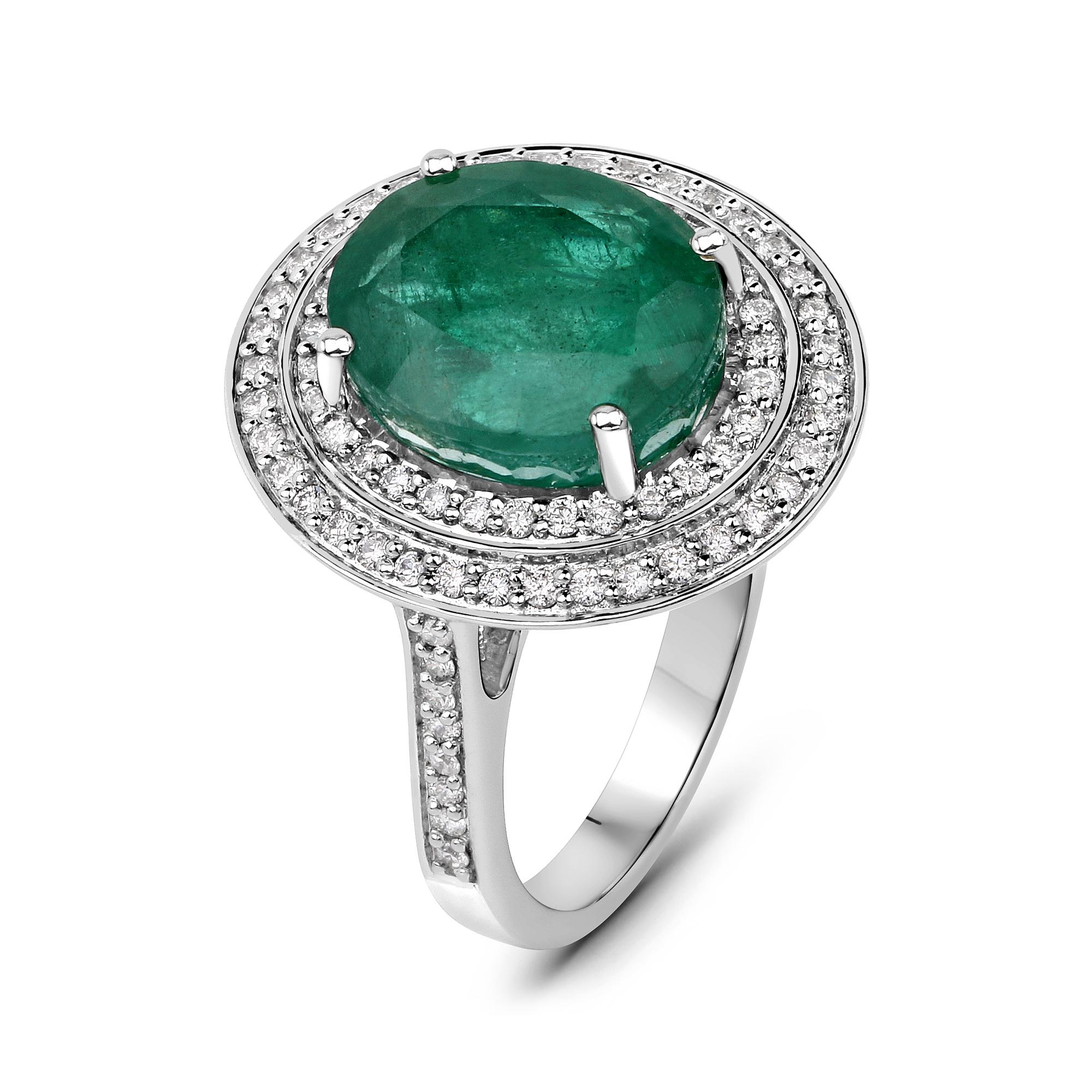 Oval Cut 6.30 Carat Brazilian Emerald and Diamond 14 Karat White Gold Cocktail Ring