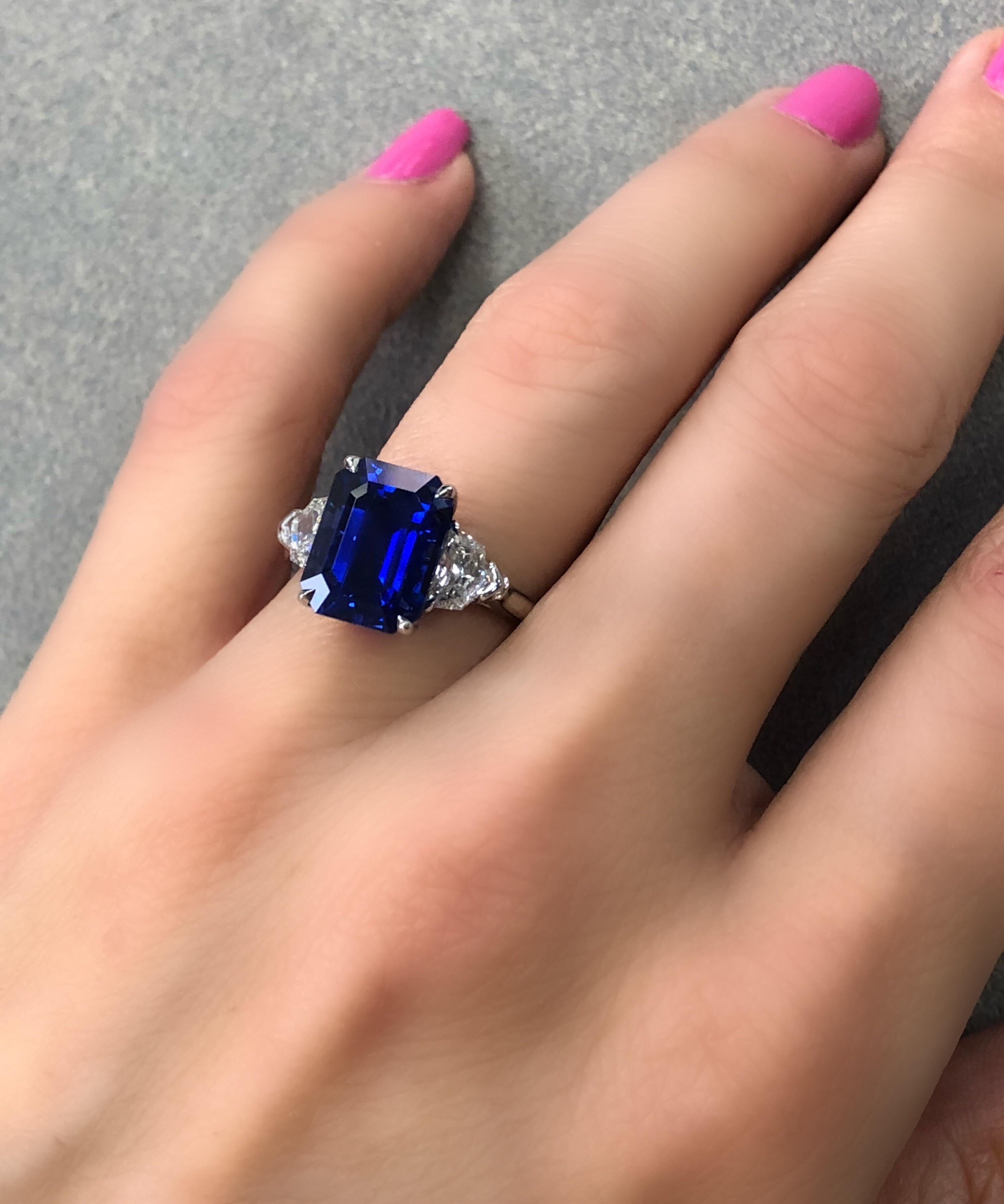 6.30 Carat Emerald Cut Blue Sapphire and Diamond Ring 1