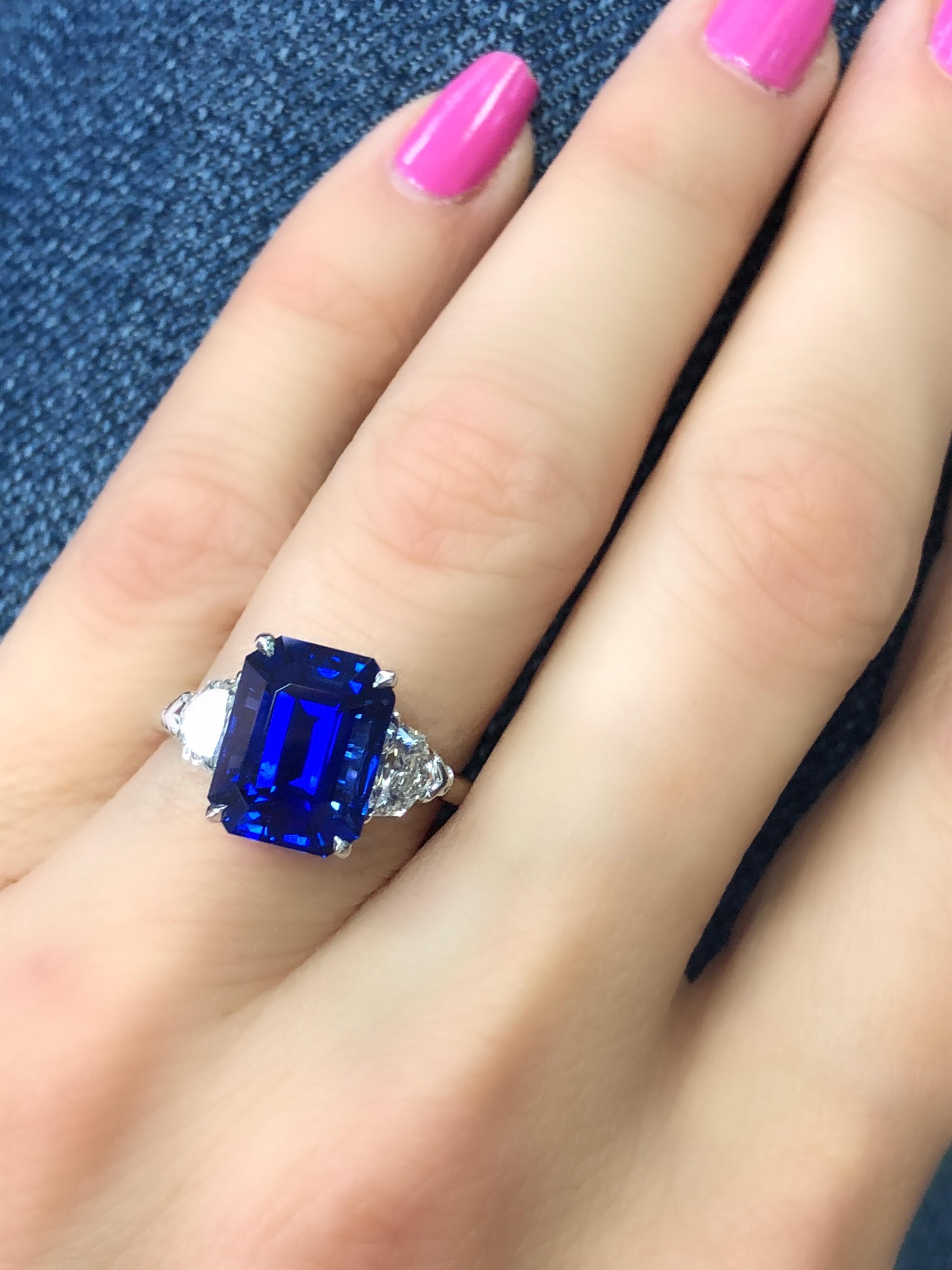 6.30 Carat Emerald Cut Blue Sapphire and Diamond Ring 2