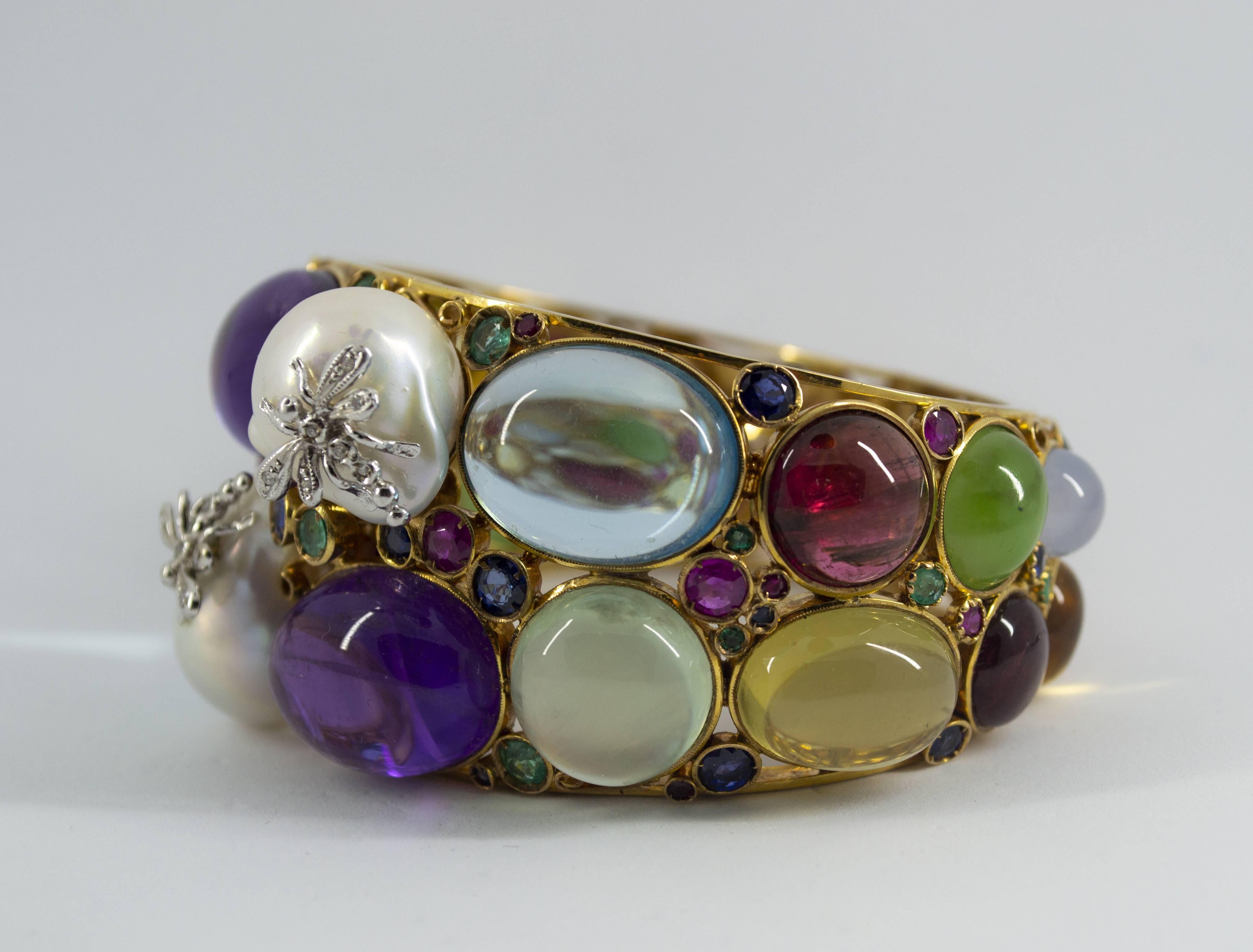 Art Nouveau 6.30 Carat Emerald Ruby Sapphire Diamond Tourmaline Pearl Yellow Gold Bracelet