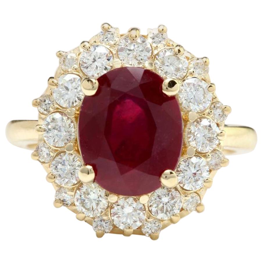 6,30 Karat beeindruckender Ring mit rotem Rubin und Diamant aus 14 Karat Gelbgold