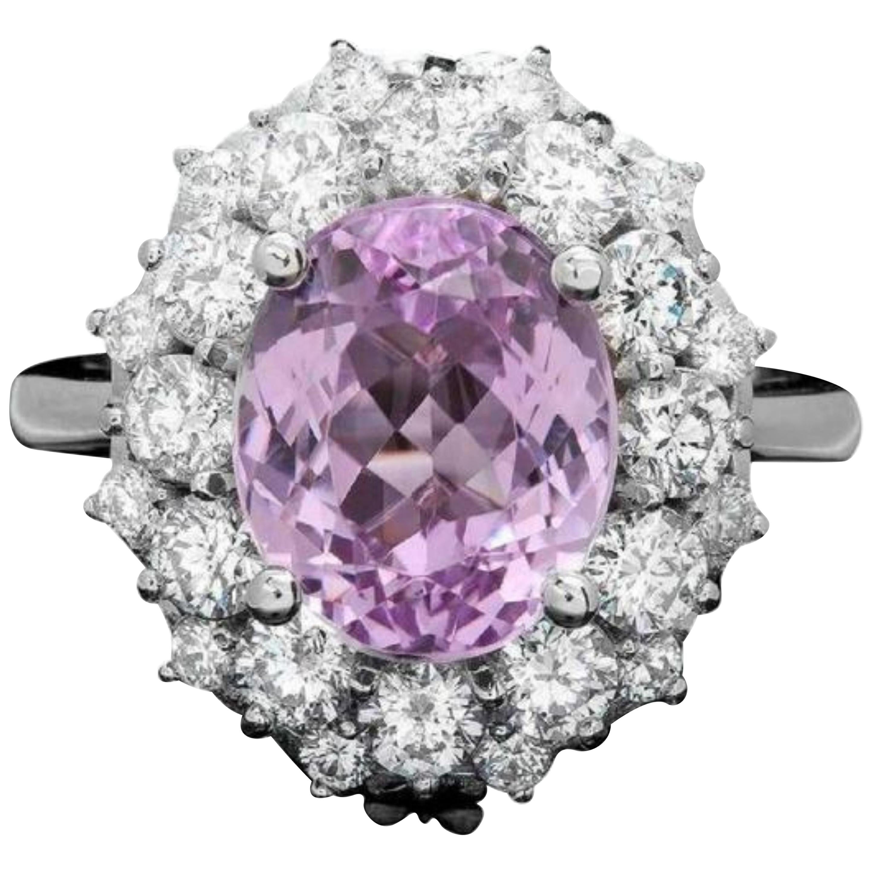 6.30 Carat Natural Kunzite and Diamond 14 Karat Solid White Gold Ring For Sale