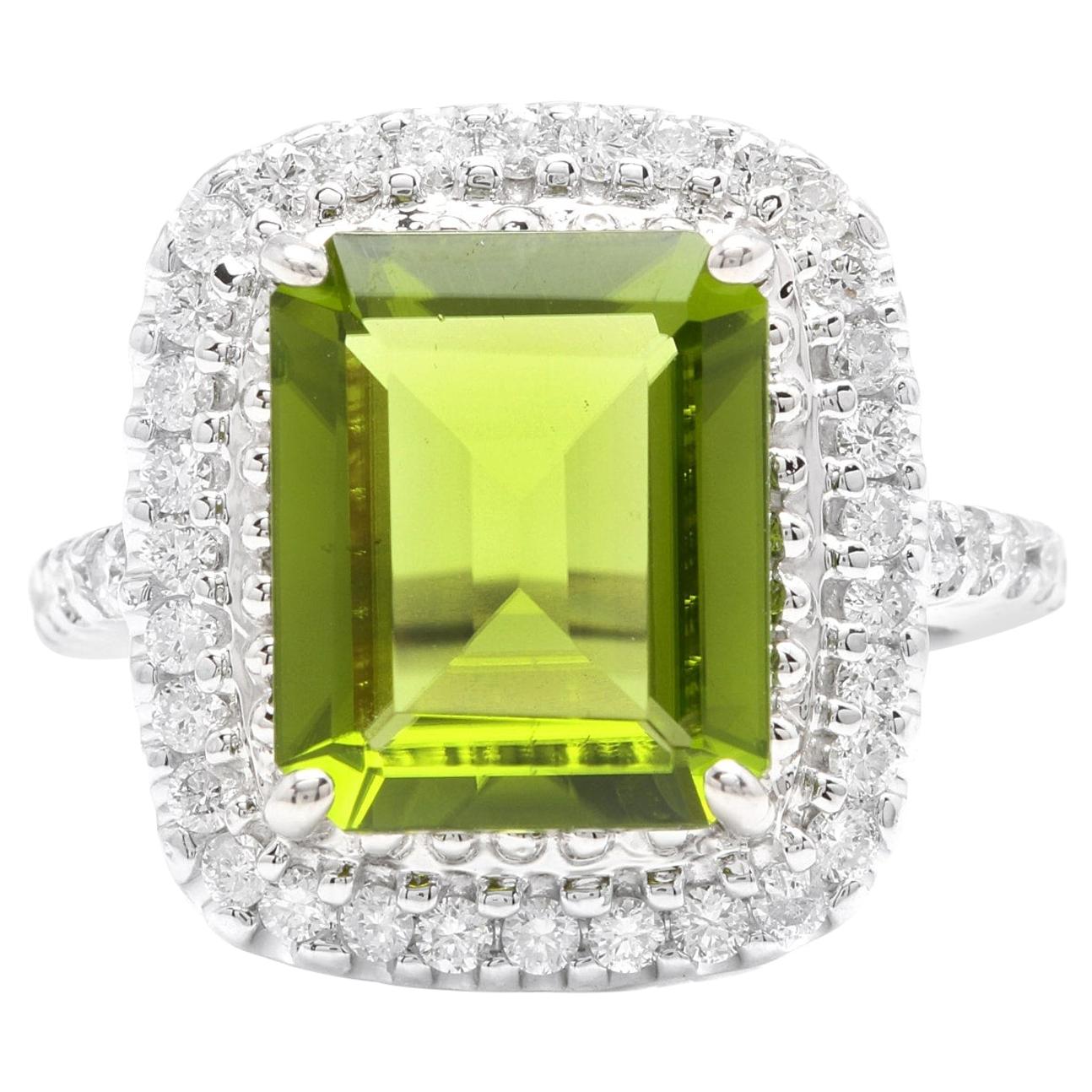 6.30 Carat Natural Peridot and Diamond 14k Solid White Gold Ring For Sale