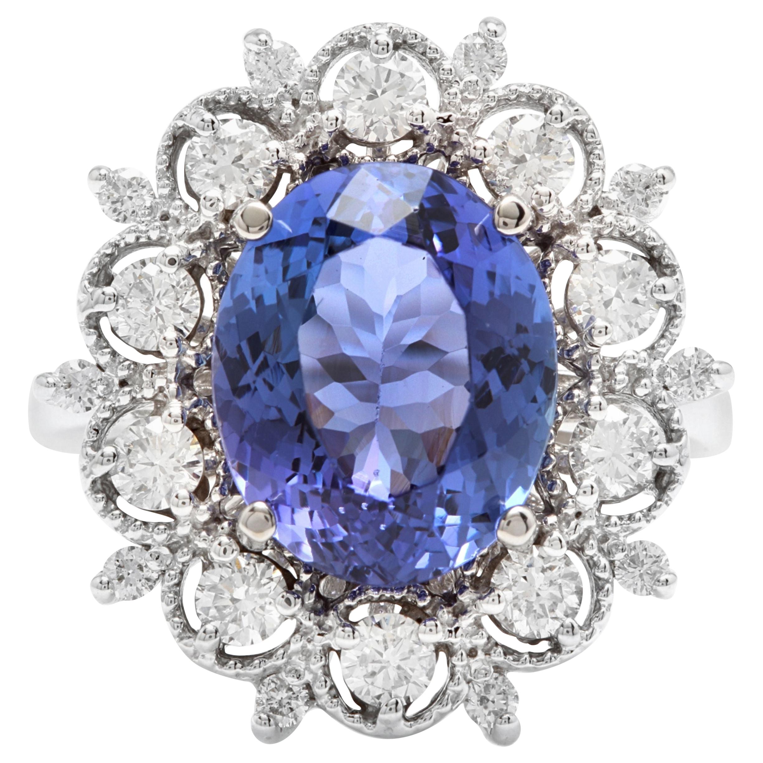 6.30 Carat Natural Tanzanite and Diamond 14 Karat Solid White Gold Ring