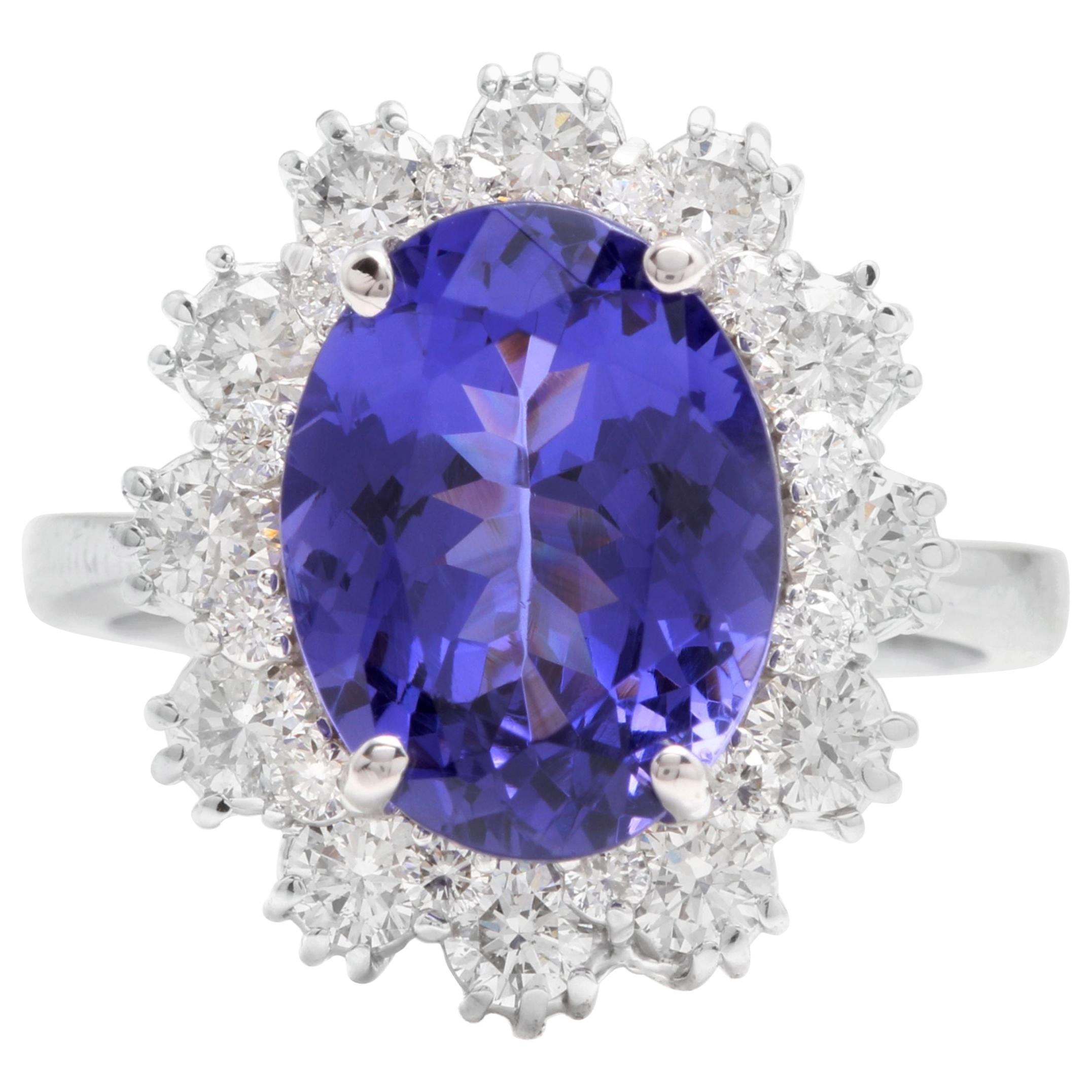 6.30 Carats Natural Tanzanite and Diamond 14K Solid White Gold Ring For ...