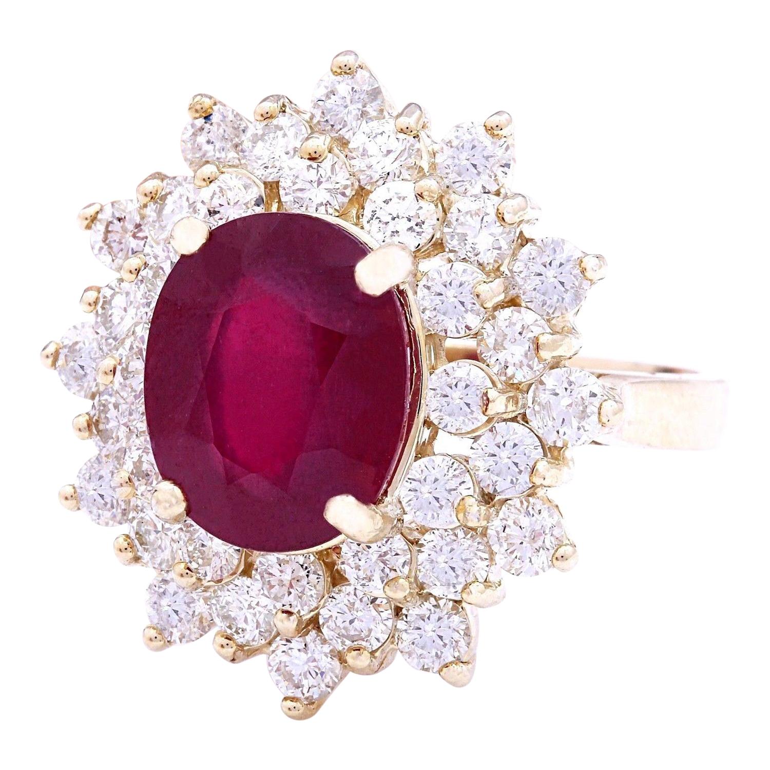 6.30 Carat  Ruby 14K Solid Yellow Gold Diamond Ring
Item Type: Ring
Item Style: Engagement
Material: 14K Yellow Gold
Mainstone: Ruby
Stone Color: Red
Stone Weight: 4.00 Carat
Stone Shape: Oval
Stone Quantity: 1
Stone Dimensions: 11.00x9.00 mm
Stone