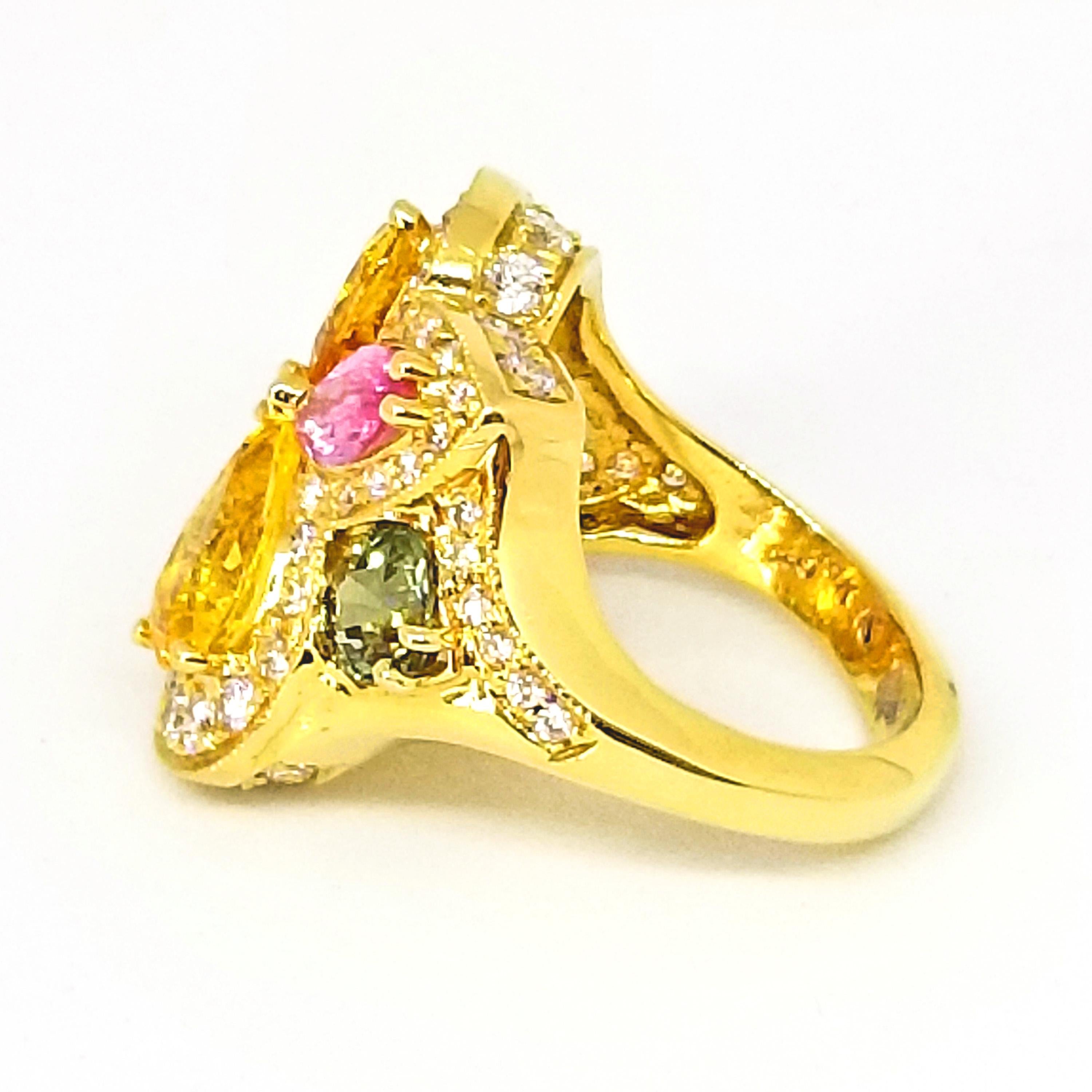 6.30 Carat Yellow Pink Green Sapphire Diamond Asymmetric Floral Ring 18 Karat 4
