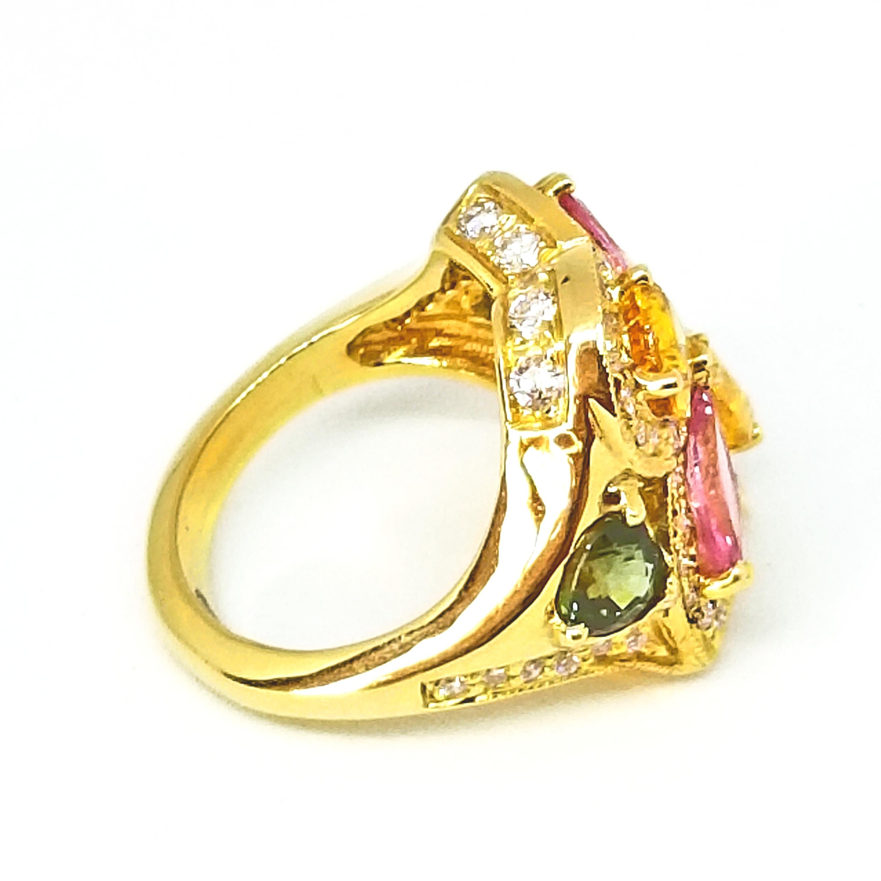 6.30 Carat Yellow Pink Green Sapphire Diamond Asymmetric Floral Ring 18 Karat 6