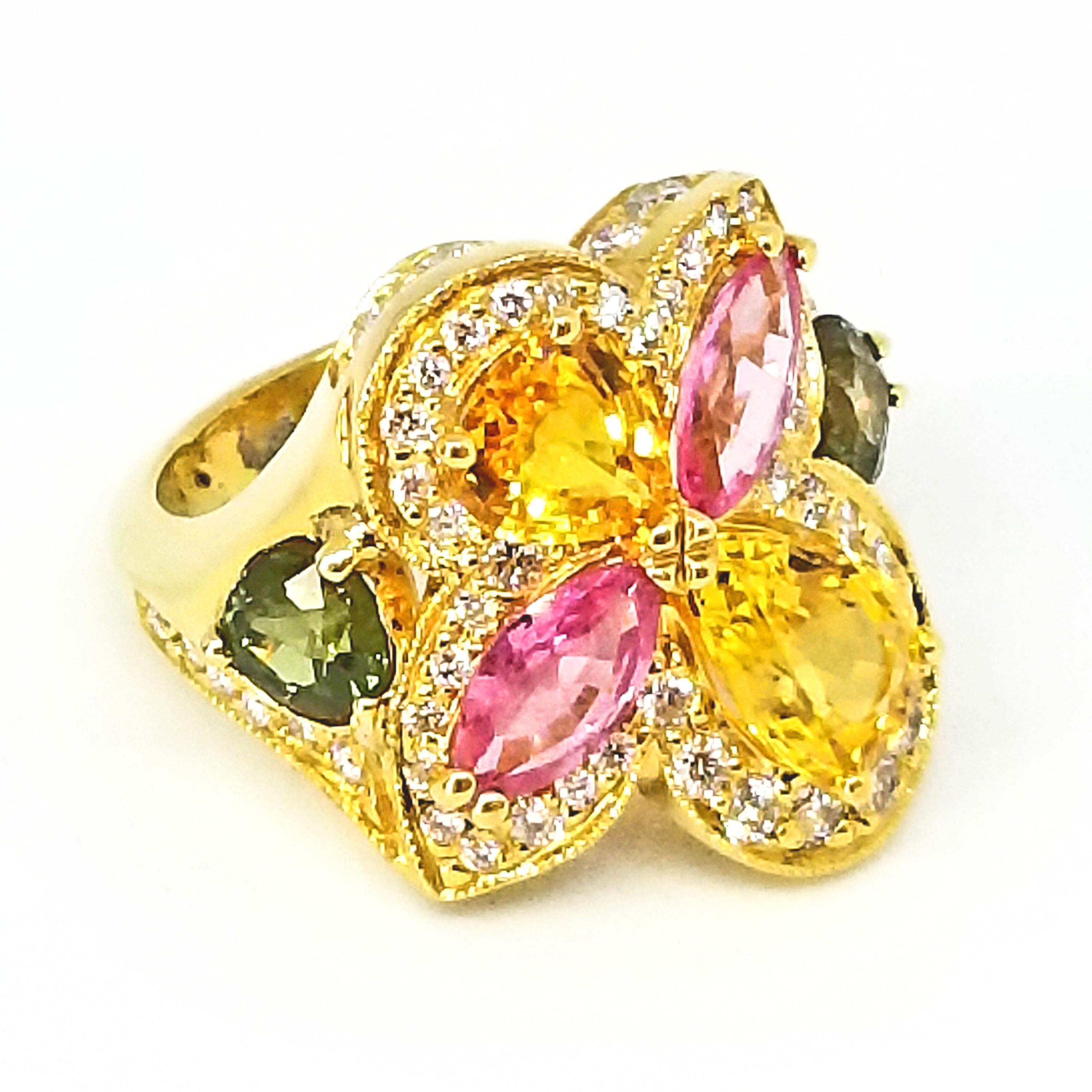 6.30 Carat Yellow Pink Green Sapphire Diamond Asymmetric Floral Ring 18 Karat 7