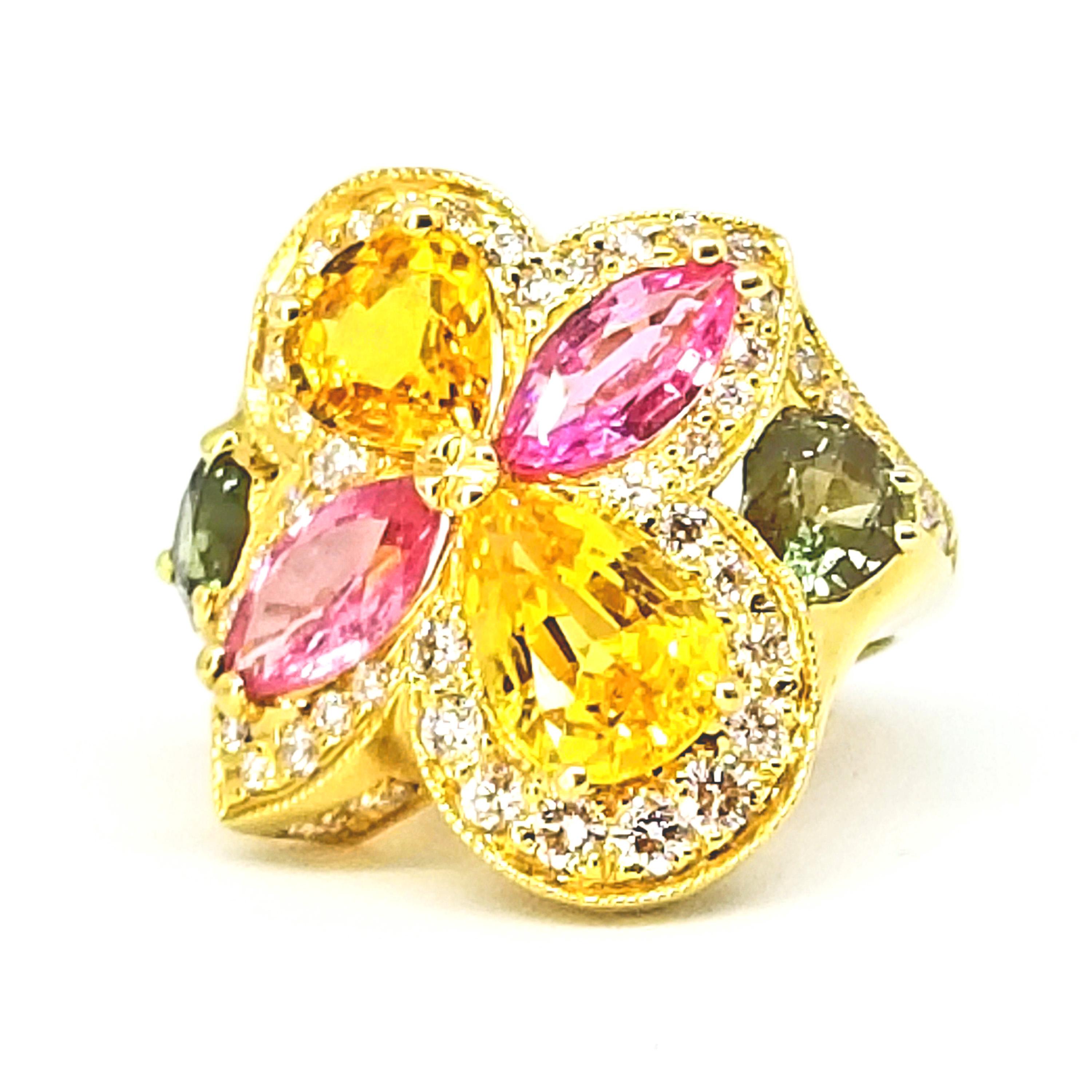 Contemporary 6.30 Carat Yellow Pink Green Sapphire Diamond Asymmetric Floral Ring 18 Karat