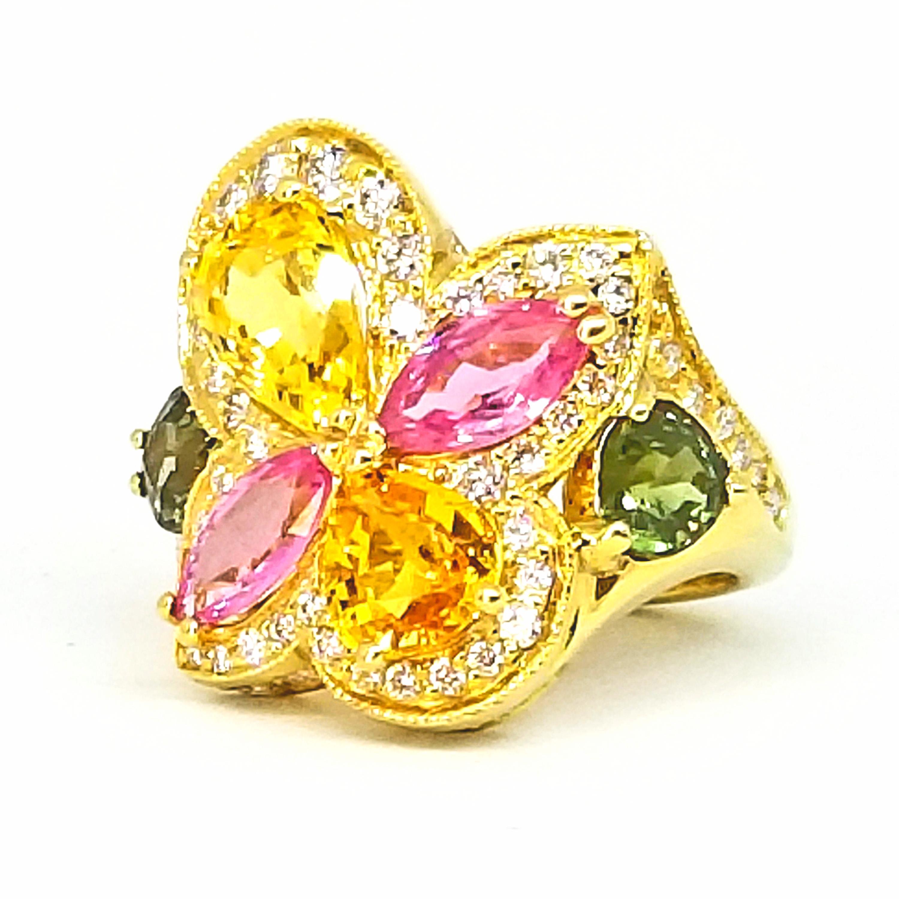 6.30 Carat Yellow Pink Green Sapphire Diamond Asymmetric Floral Ring 18 Karat 1