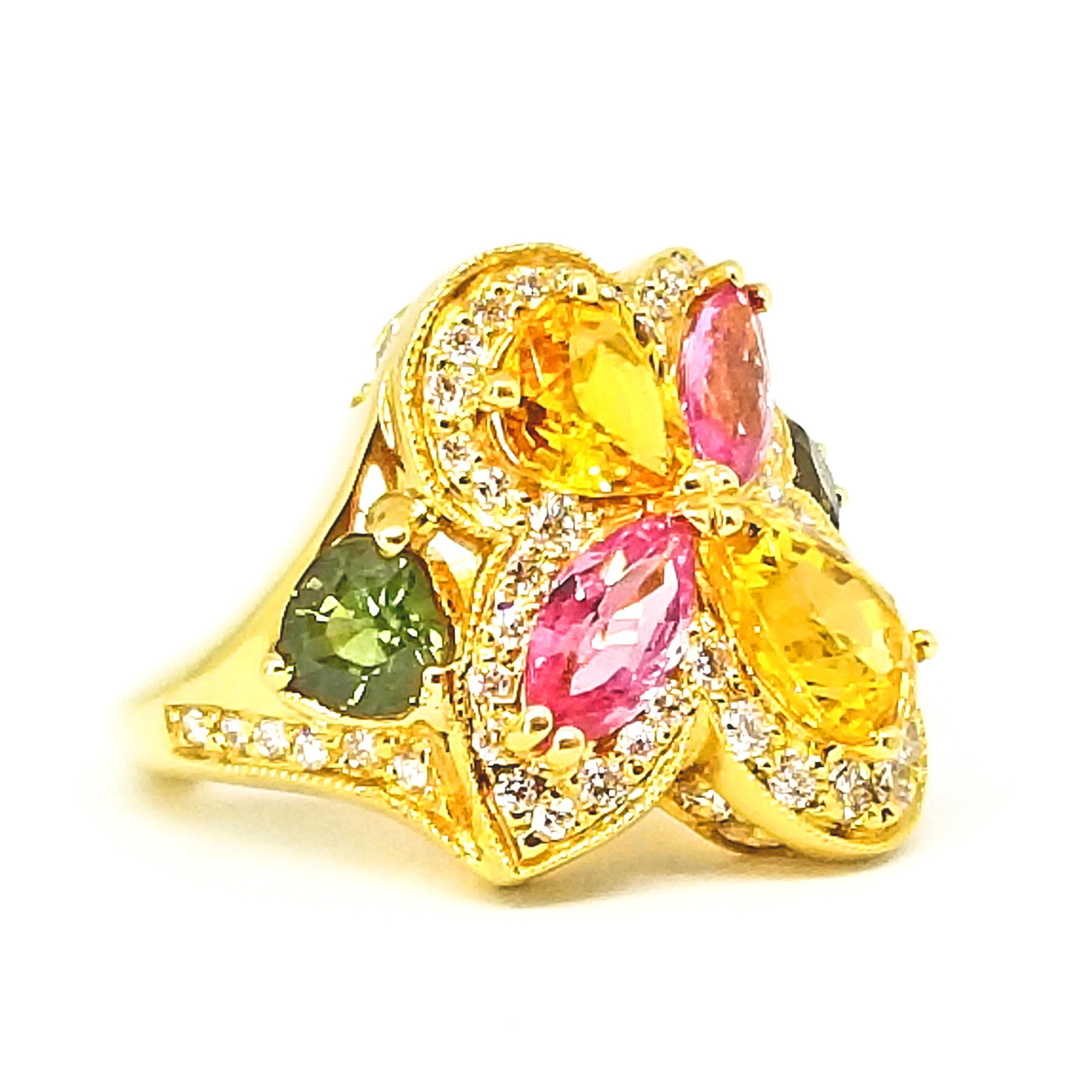 6.30 Carat Yellow Pink Green Sapphire Diamond Asymmetric Floral Ring 18 Karat 2