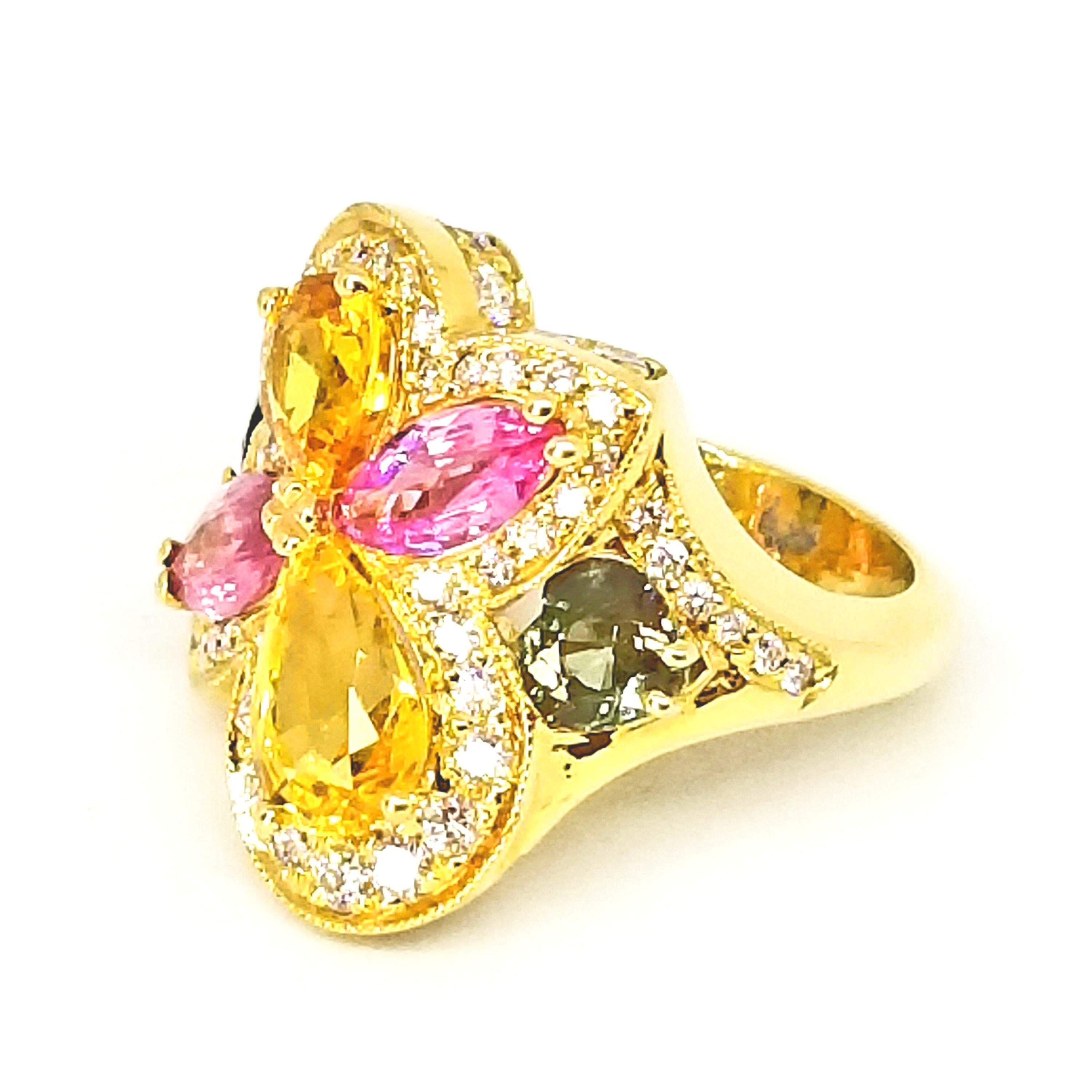 6.30 Carat Yellow Pink Green Sapphire Diamond Asymmetric Floral Ring 18 Karat 3