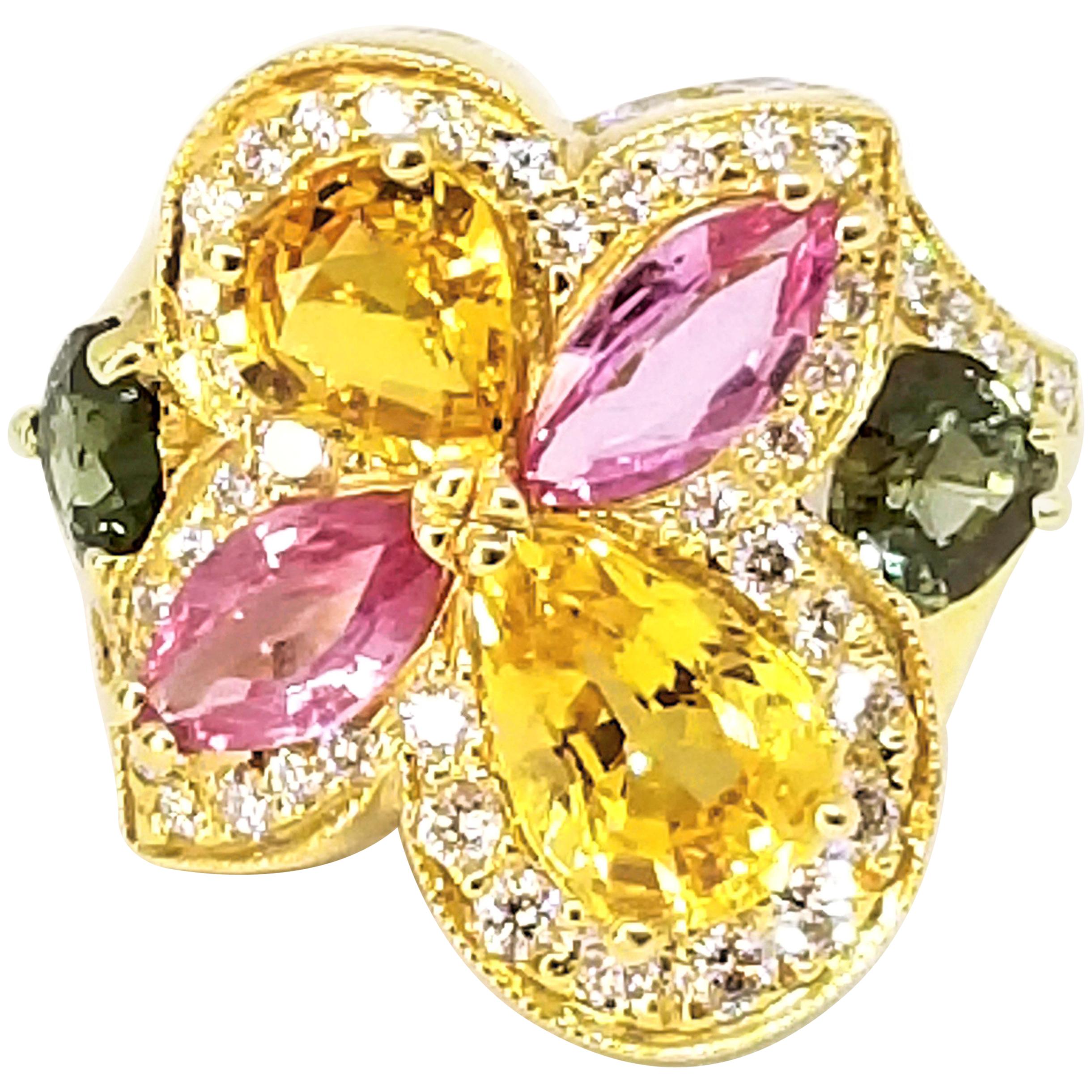 6.30 Carat Yellow Pink Green Sapphire Diamond Asymmetric Floral Ring 18 Karat