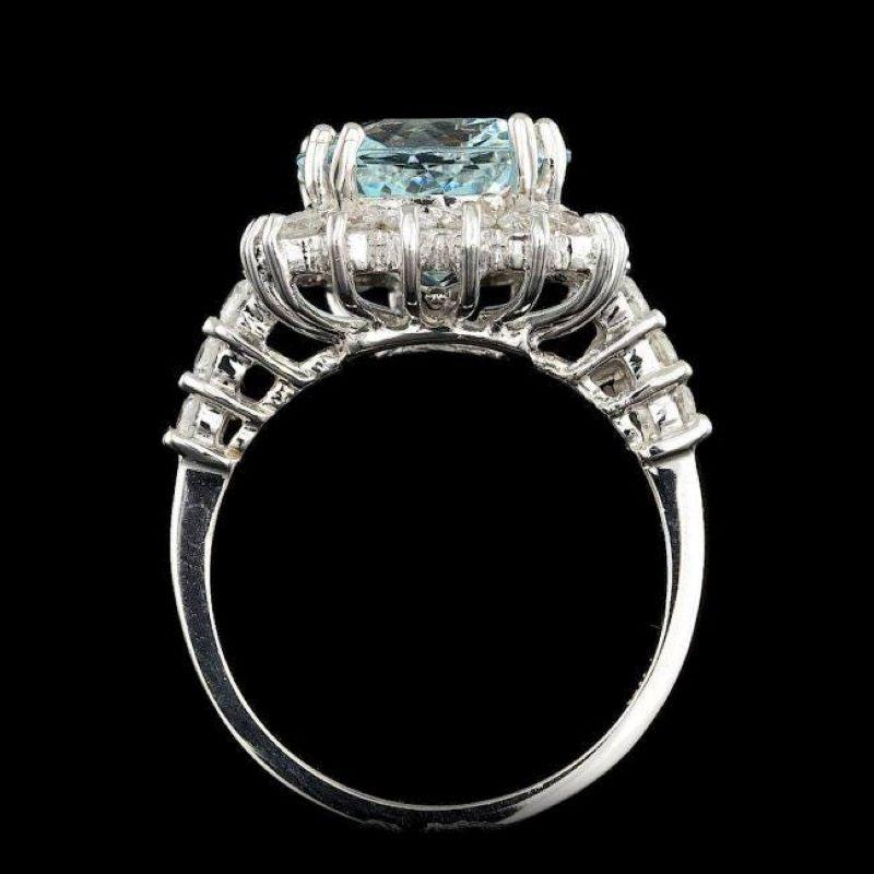 Mixed Cut 6.30 Carats Natural Aquamarine and Diamond 14k Solid White Gold Ring For Sale