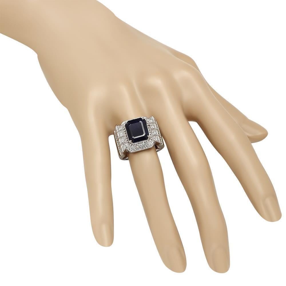 Mixed Cut 6.30 Carats Natural Blue Sapphire & Diamond 14K Solid White Gold Men's Ring For Sale