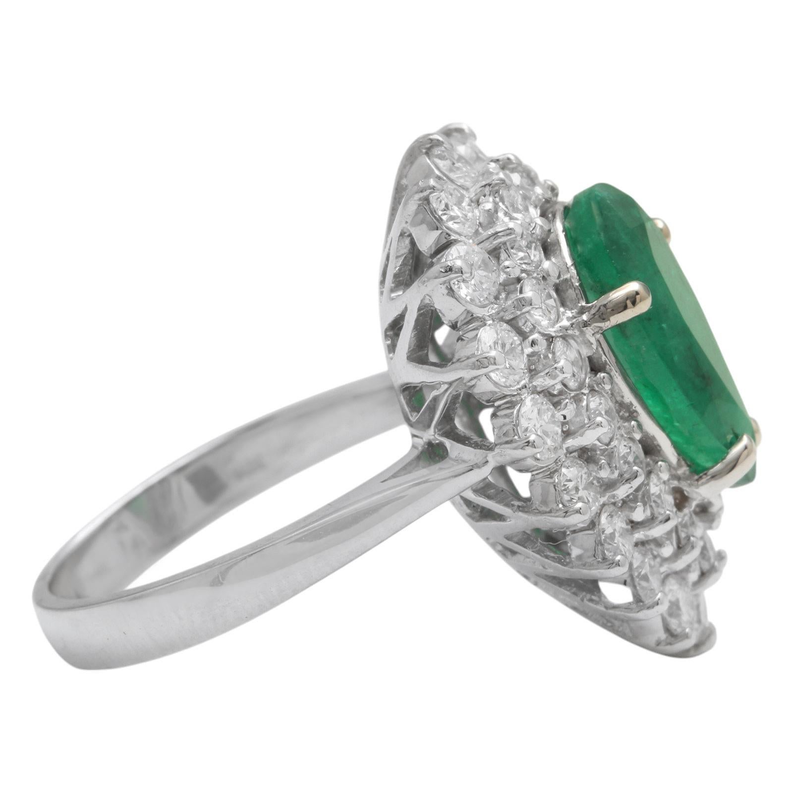 Mixed Cut 6.30 Carats Natural Emerald and Diamond 14K Solid White Gold Ring For Sale
