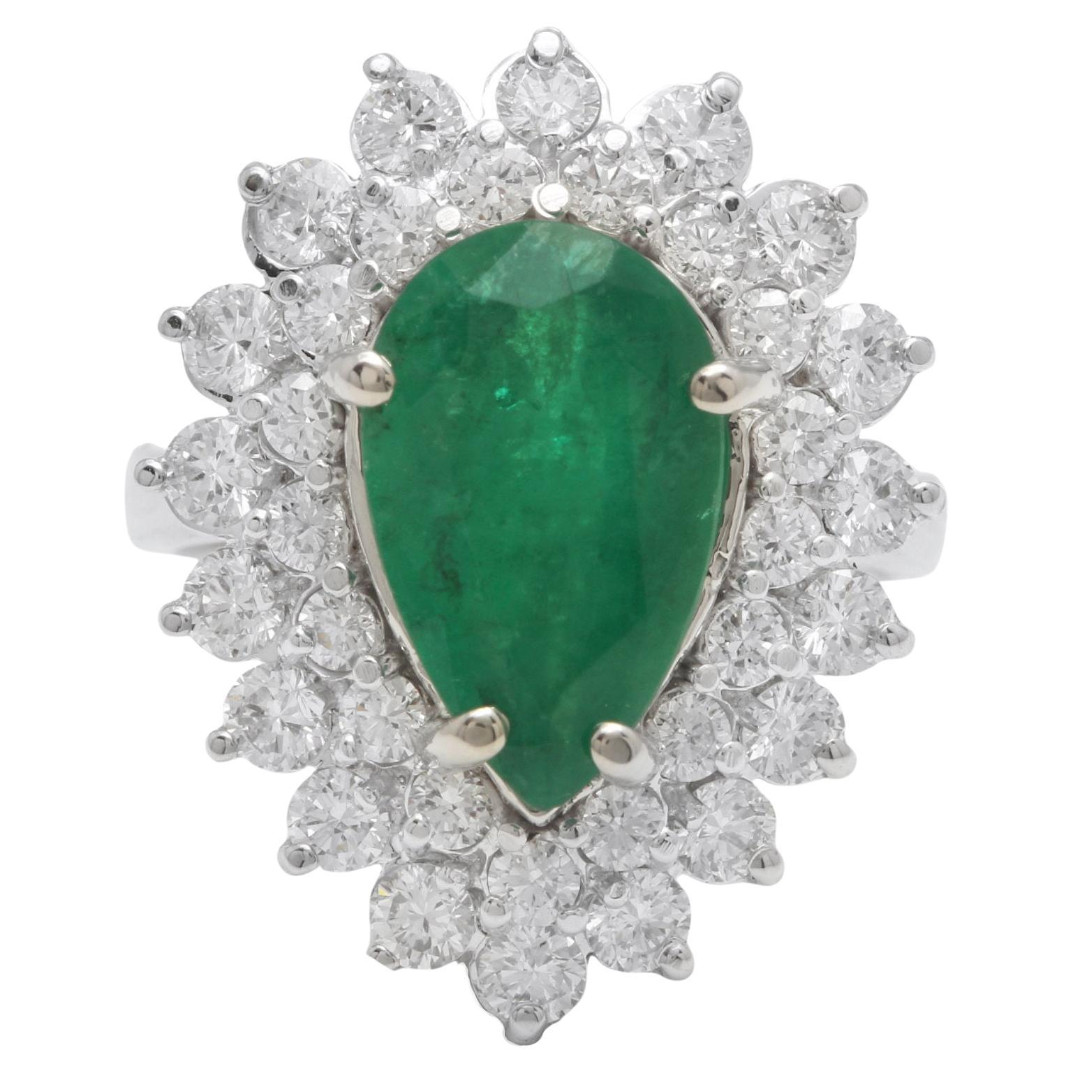 6.30 Carats Natural Emerald and Diamond 14K Solid White Gold Ring For Sale
