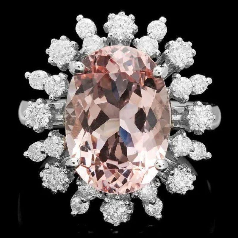 Mixed Cut 6.30 Carats Natural Morganite and Diamond 14K Solid White Gold Ring For Sale