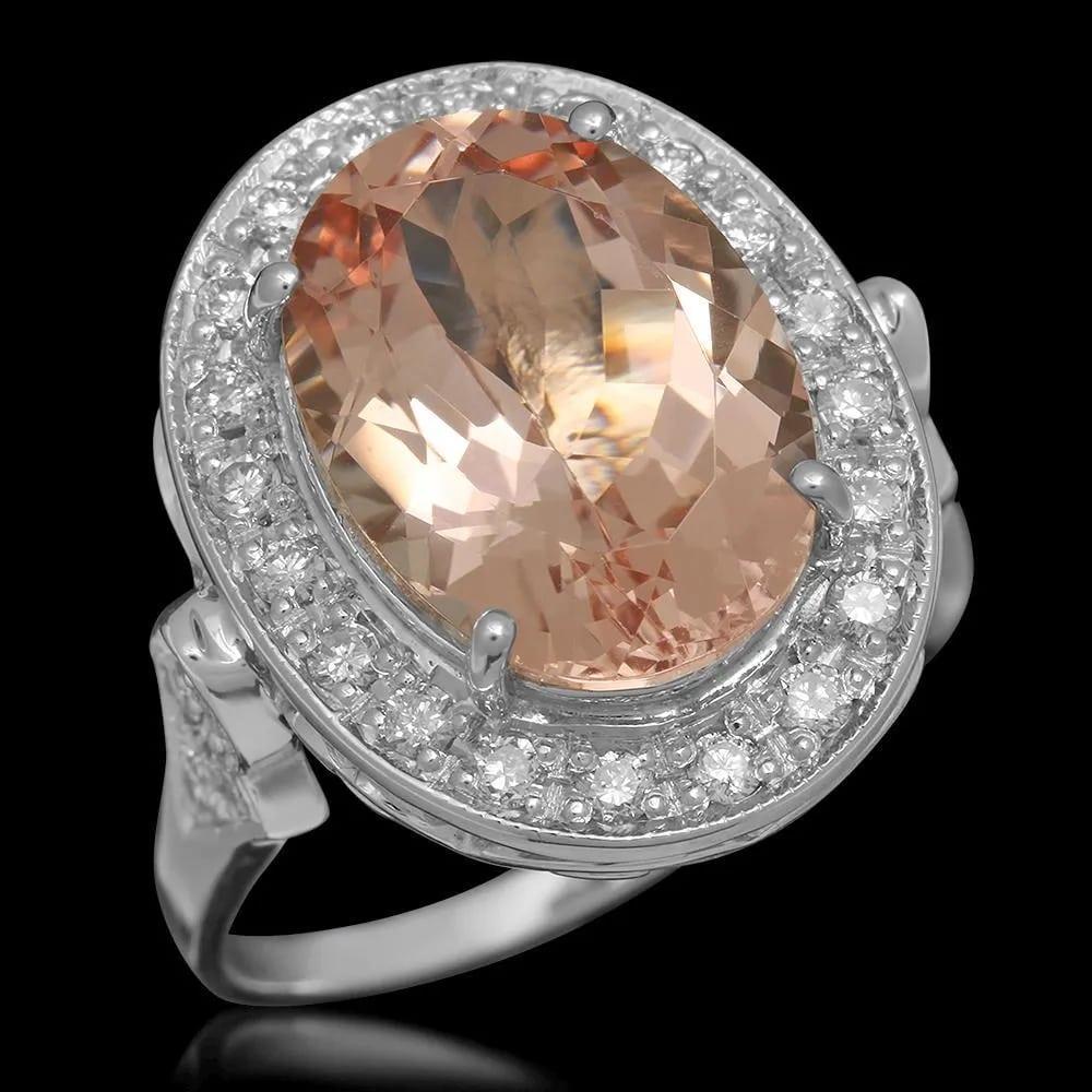 Mixed Cut 6.30 Carats Natural Morganite and Diamond 14K Solid White Gold Ring For Sale