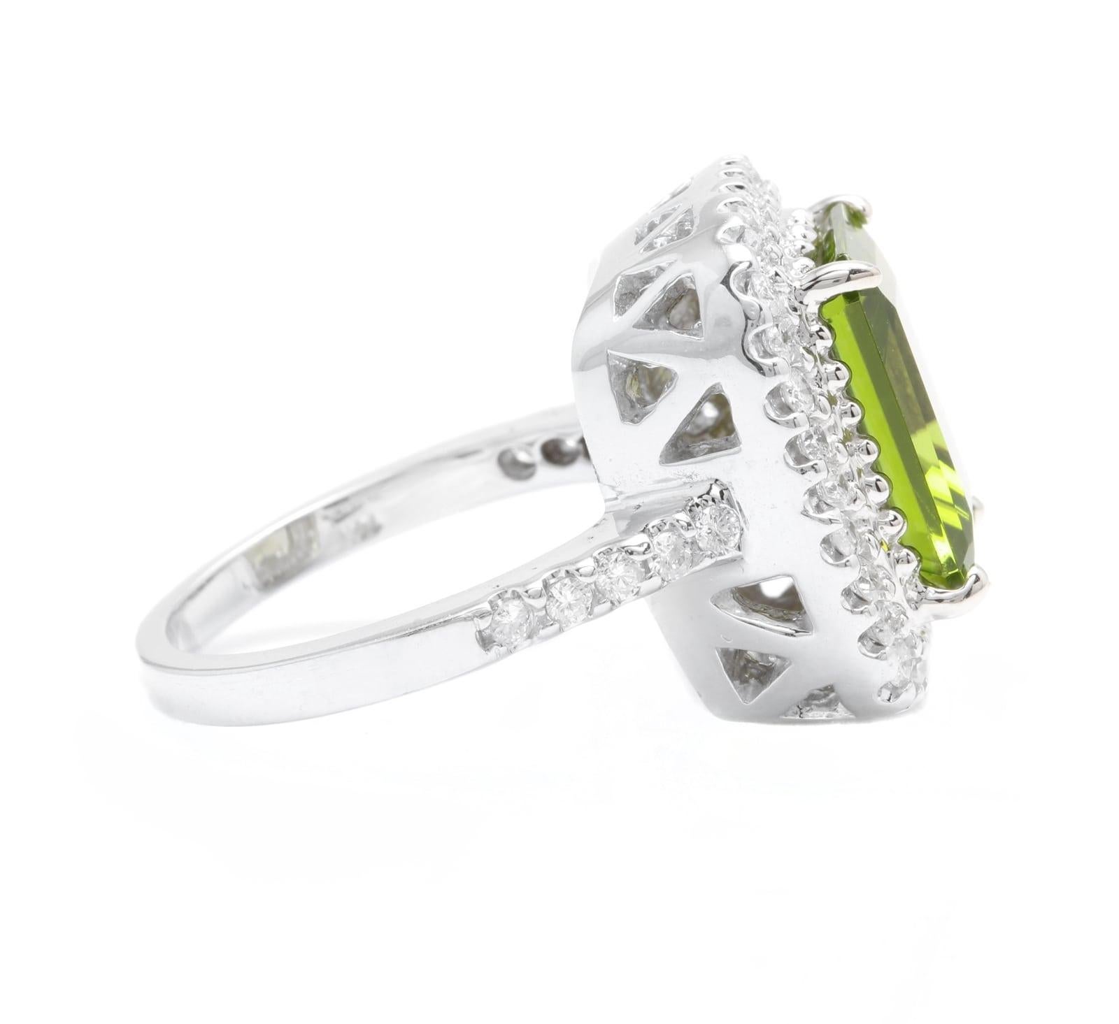 Mixed Cut 6.30 Carat Natural Peridot and Diamond 14k Solid White Gold Ring For Sale