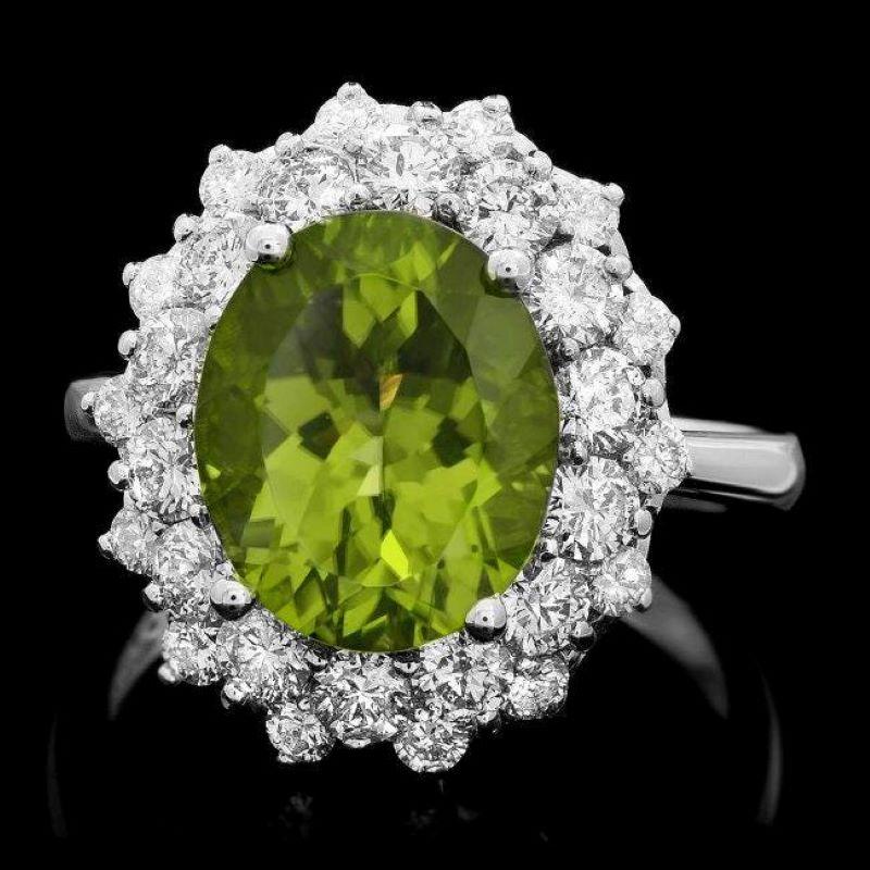 Mixed Cut 6.30 Carats Natural Peridot and Diamond 14k Solid White Gold Ring For Sale