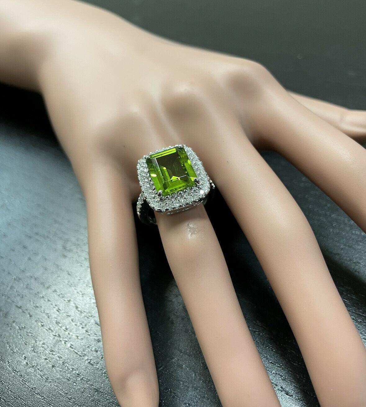 6.30 Carat Natural Peridot and Diamond 14k Solid White Gold Ring For Sale 1