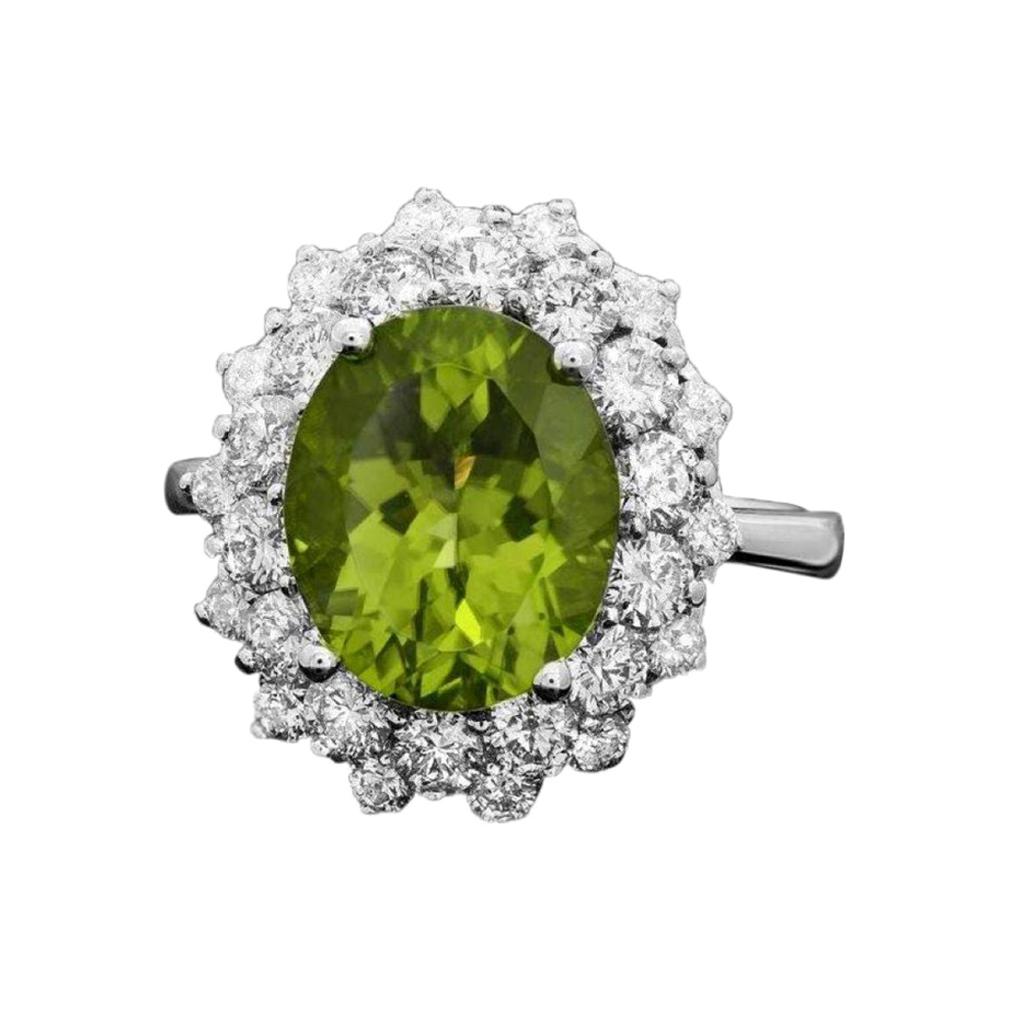 6.30 Carats Natural Peridot and Diamond 14k Solid White Gold Ring For Sale