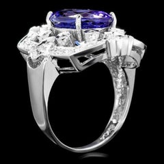 6.30 Carats Natural Tanzanite and Diamond 14K Solid White Gold Ring