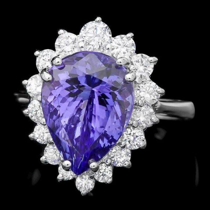 Mixed Cut 6.30 Carats Natural Tanzanite and Diamond 14K Solid White Gold Ring For Sale
