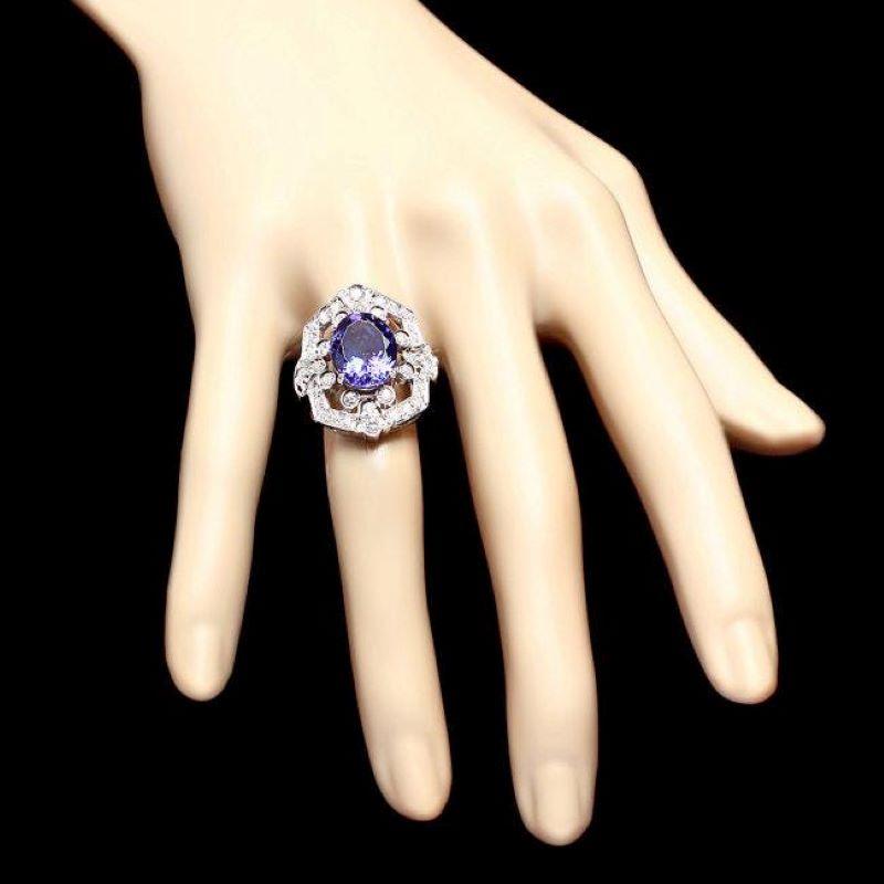 6.30 Carats Natural Tanzanite and Diamond 14K Solid White Gold Ring In New Condition For Sale In Los Angeles, CA