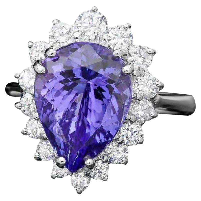 6.30 Carats Natural Tanzanite and Diamond 14K Solid White Gold Ring