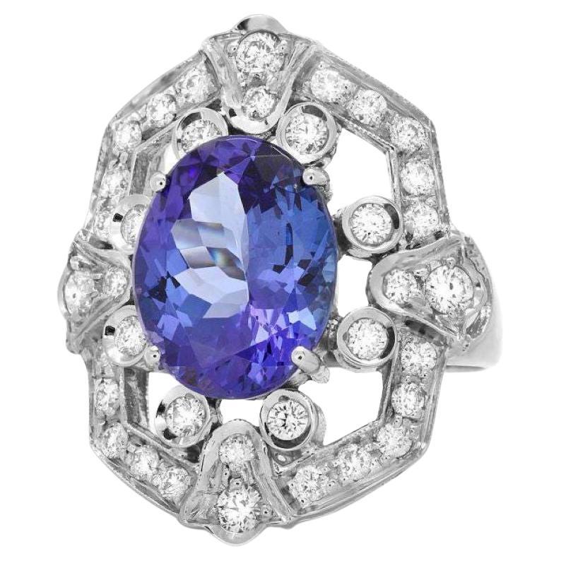 6.30 Carats Natural Tanzanite and Diamond 14K Solid White Gold Ring