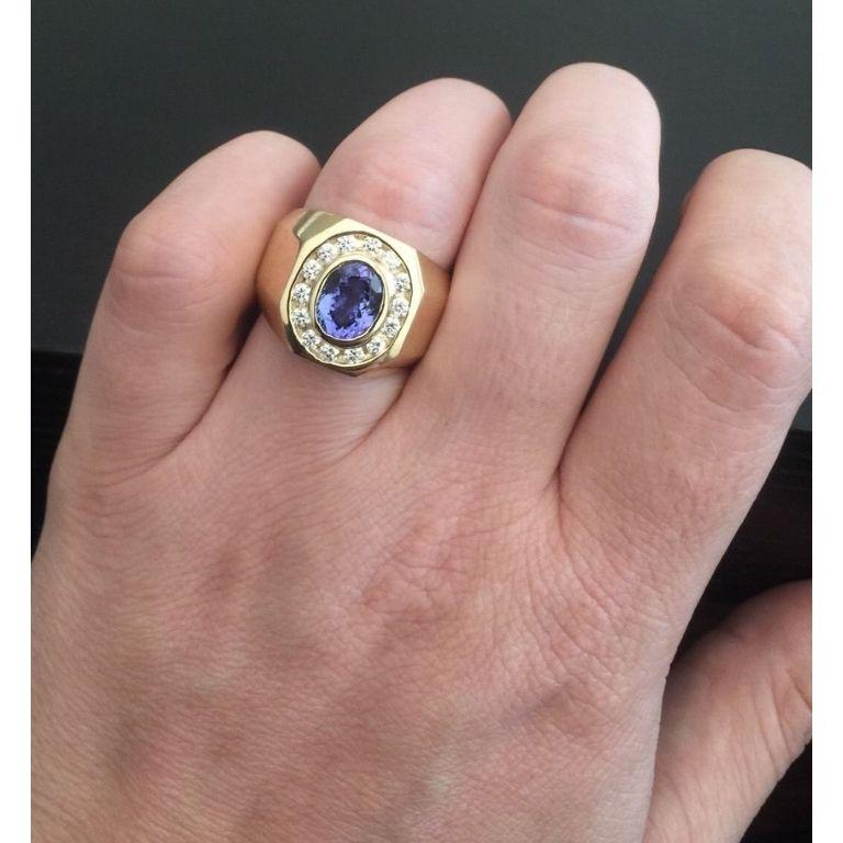 De los hombres Anillo para hombre de oro amarillo macizo de 14 quilates con tanzanita natural y diamante de 6,30 quilates en venta